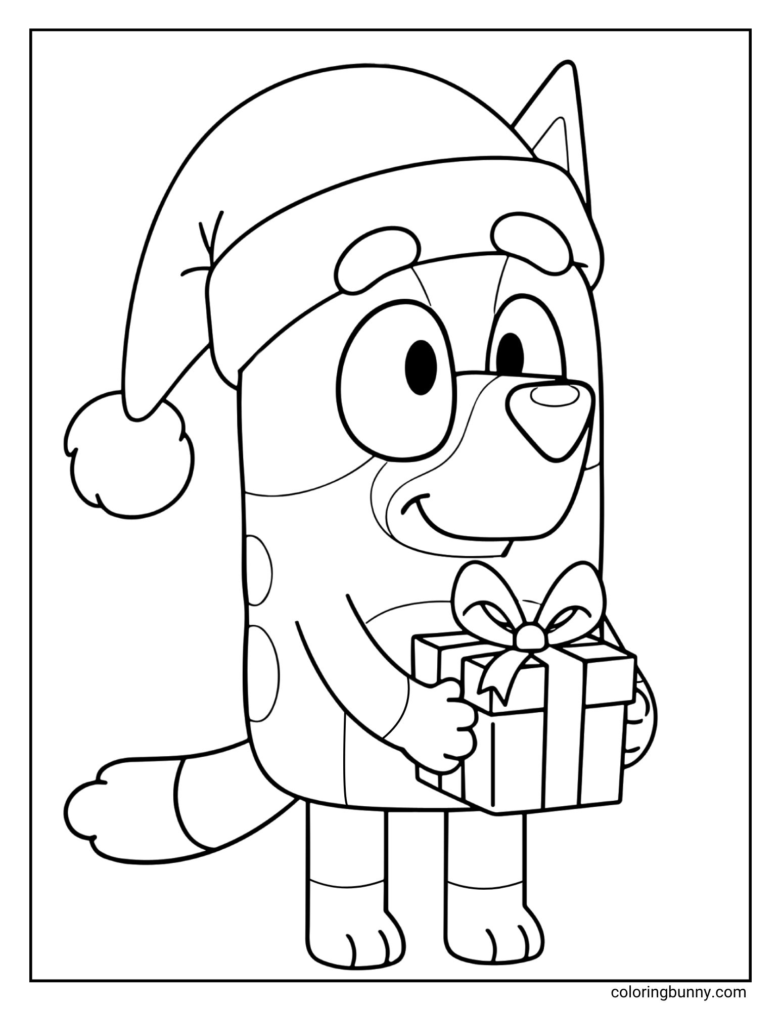 A black and white Bluey Christmas coloring page featuring the character Bluey. She is wearing a Santa hat and standing while holding a wrapped Christmas present.