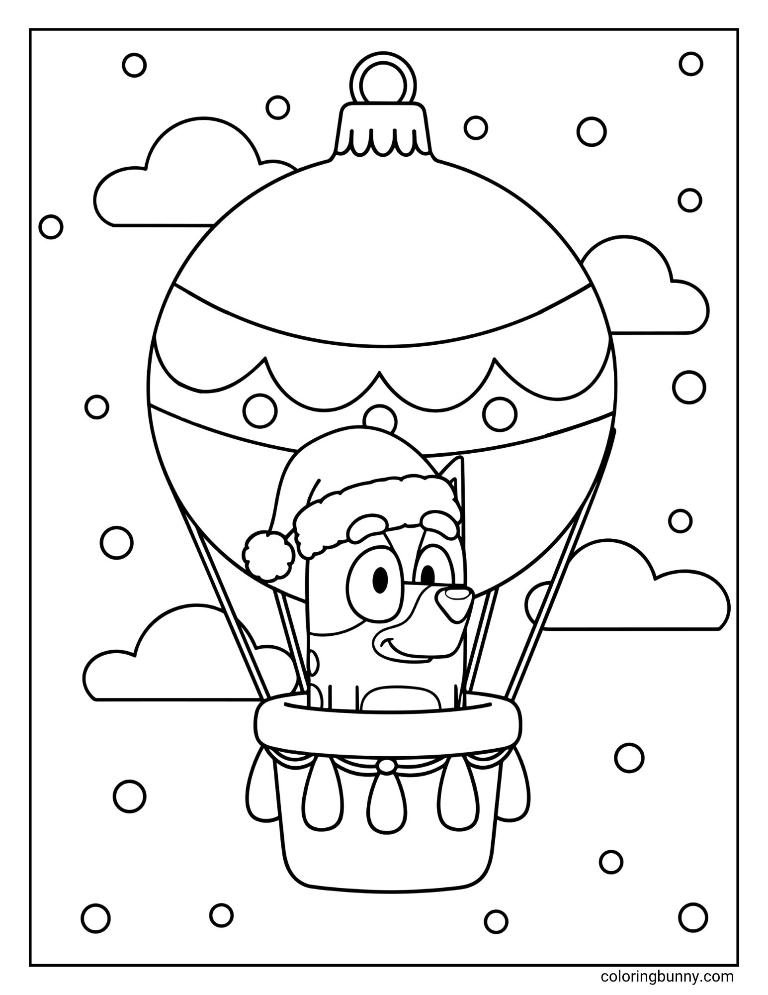 A black and white Bluey Christmas coloring page featuring the character Bluey. She is wearing a Santa hat and riding in a hot air balloon that is shaped like a Christmas ornament, floating in a snowy sky.