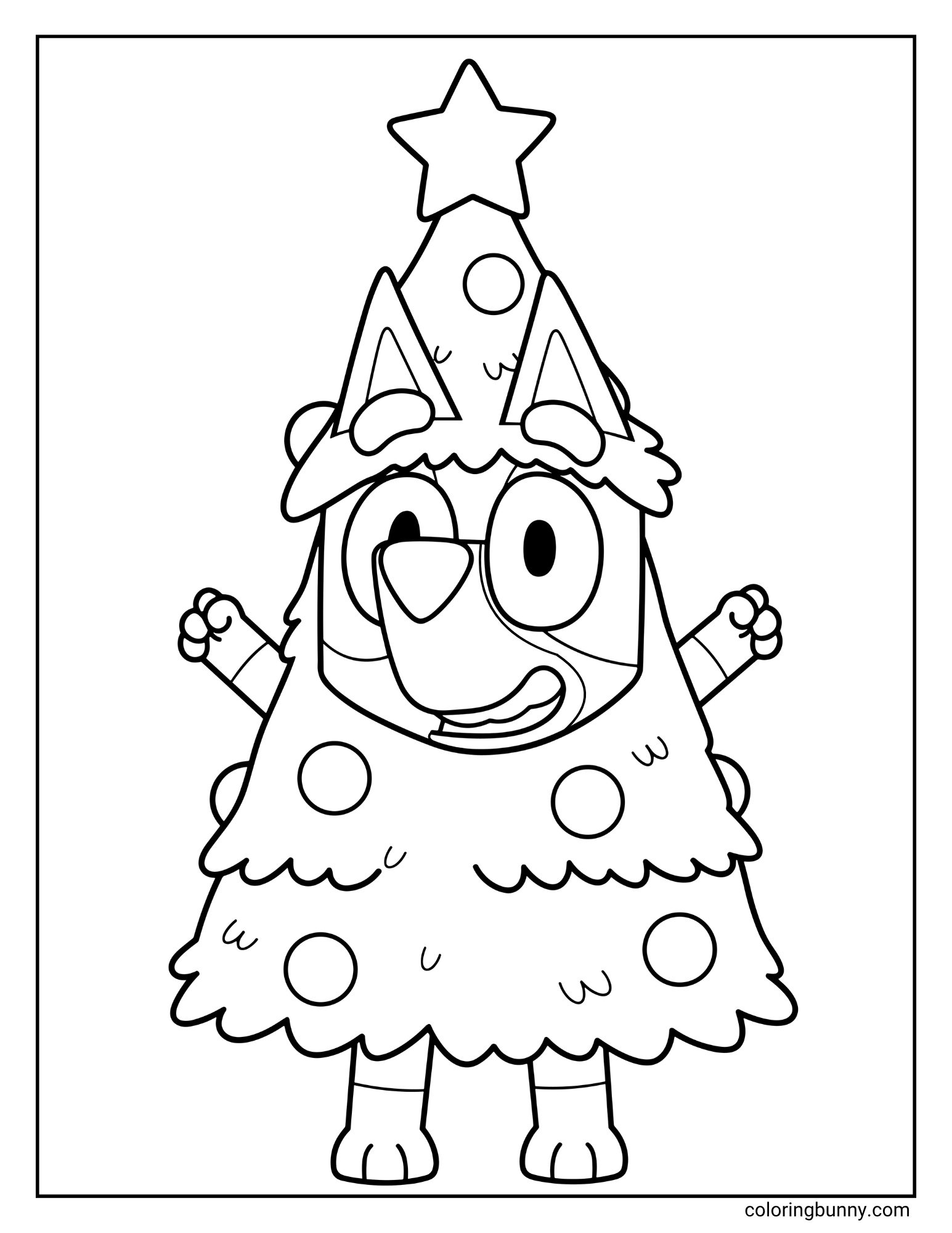 A Bluey Christmas coloring page featuring the character Bluey. She is standing and smiling while wearing a full-body Christmas tree costume, complete with a star on top.