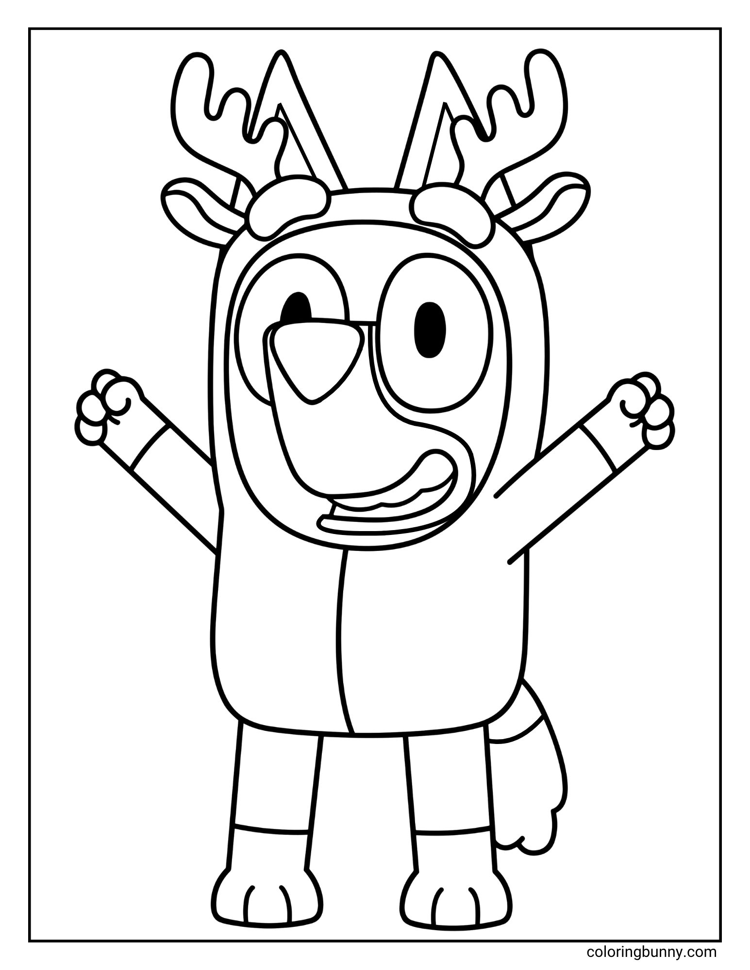 A Bluey Christmas coloring page featuring the character Bluey. She is standing with her arms up, happily dressed in a full reindeer costume with antlers.