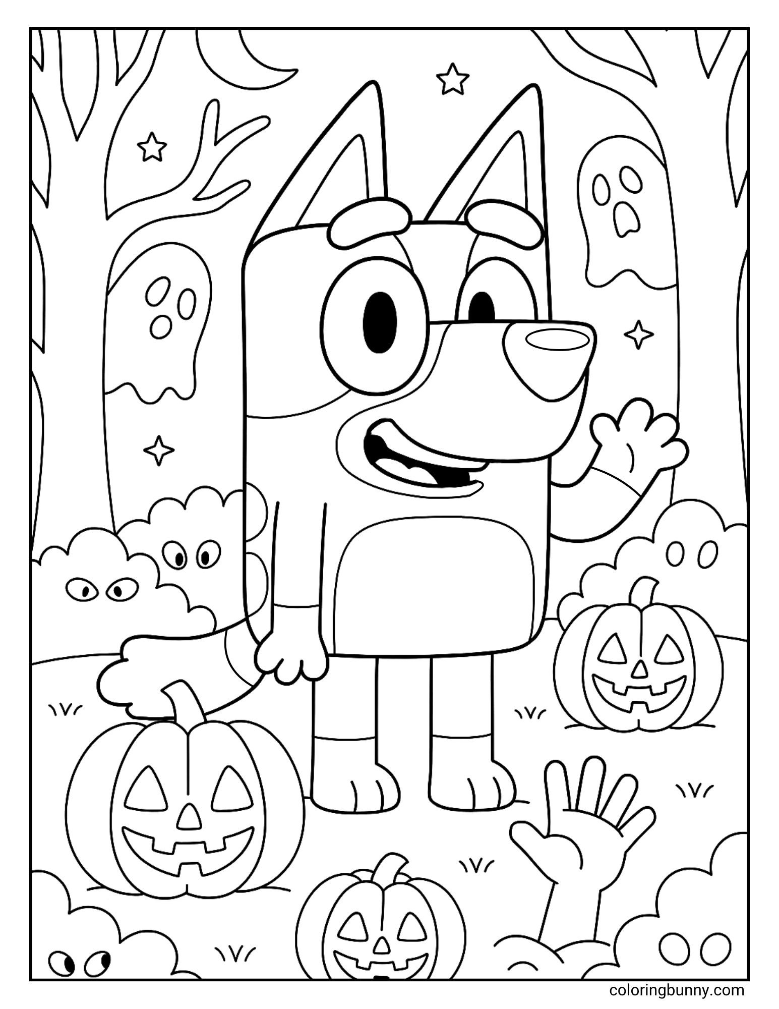 A fun Halloween coloring page of the cartoon character Bluey on a spooky adventure. She is waving happily while walking through a haunted forest at night, surrounded by friendly ghosts, jack-o'-lanterns, and a zombie hand.