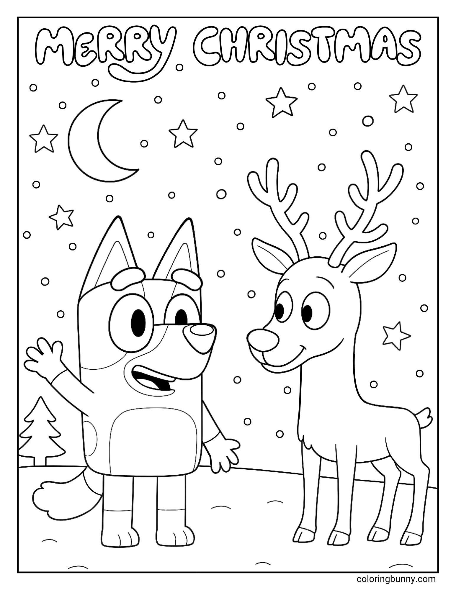 A Bluey Christmas coloring page featuring the character Bluey. She is waving at a friendly reindeer in a snowy night scene with a crescent moon and stars.