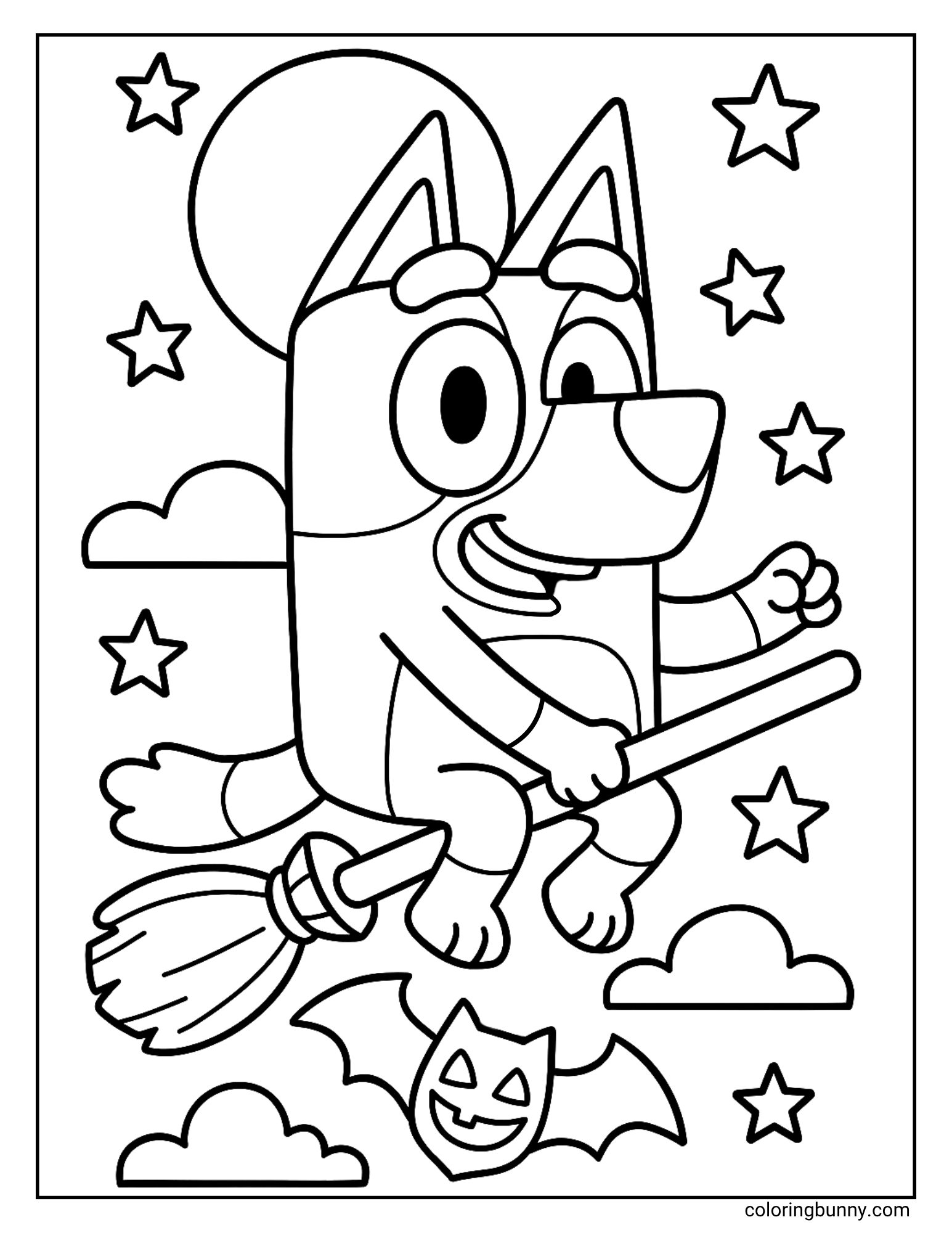 A magical Bluey Halloween coloring sheet of the cartoon character Bluey flying on a witch's broomstick. She has a happy, determined expression as she soars through a starry night sky. Below her, a unique bat with a jack-o'-lantern face is also flying.