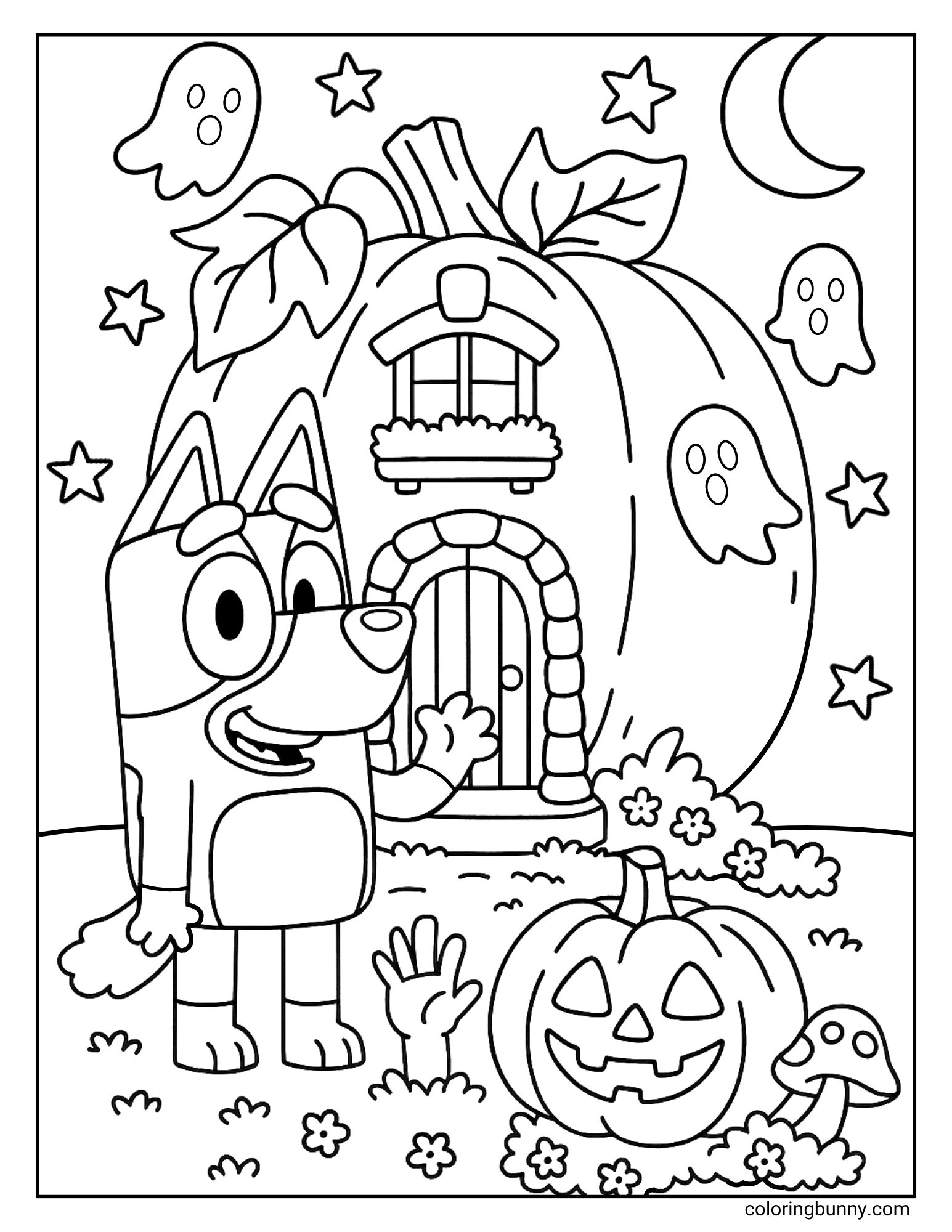 A magical Halloween coloring page of the cartoon dog Bluey. She is happily waving as she welcomes you to her home, which is a giant pumpkin with a door and window. The garden is full of spooky but friendly characters, like ghosts and a zombie hand.