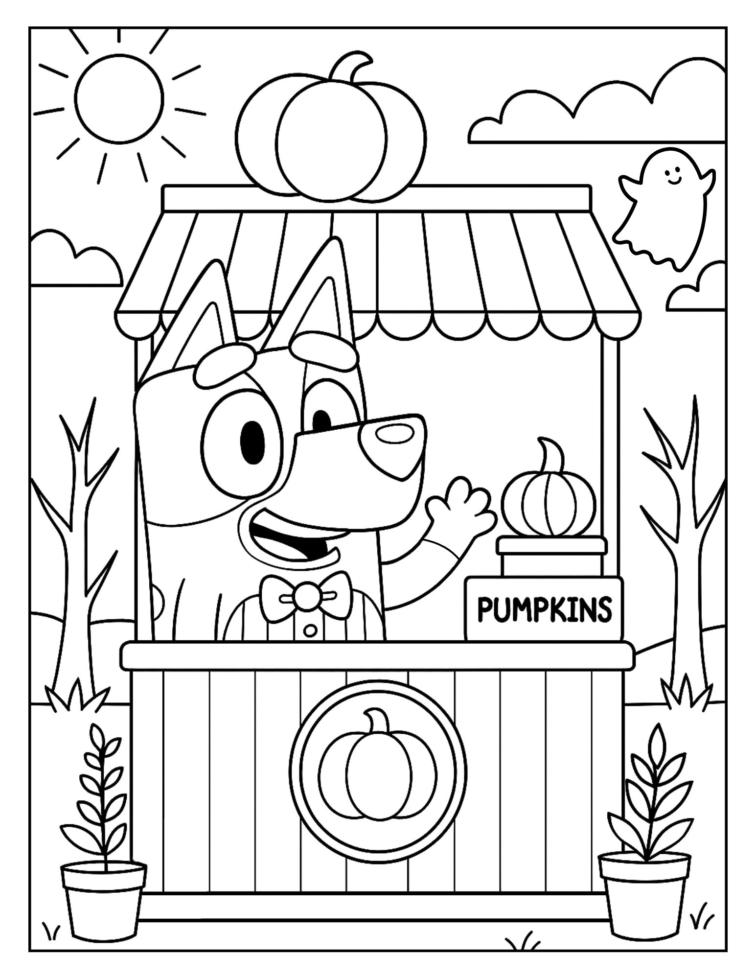 A fun Fall coloring page of the cartoon character Bluey playing shopkeeper. She is wearing a bowtie and happily running a stall that sells pumpkins. A friendly ghost floats by her stall, which is set up in a field on a sunny day with spooky trees.