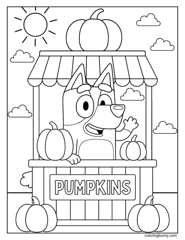A black and white coloring sheet of the cartoon character Bluey pretending to be a shopkeeper. She is waving happily from behind a market stall that has a 'Pumpkins' sign and is full of pumpkins for sale on a sunny day.