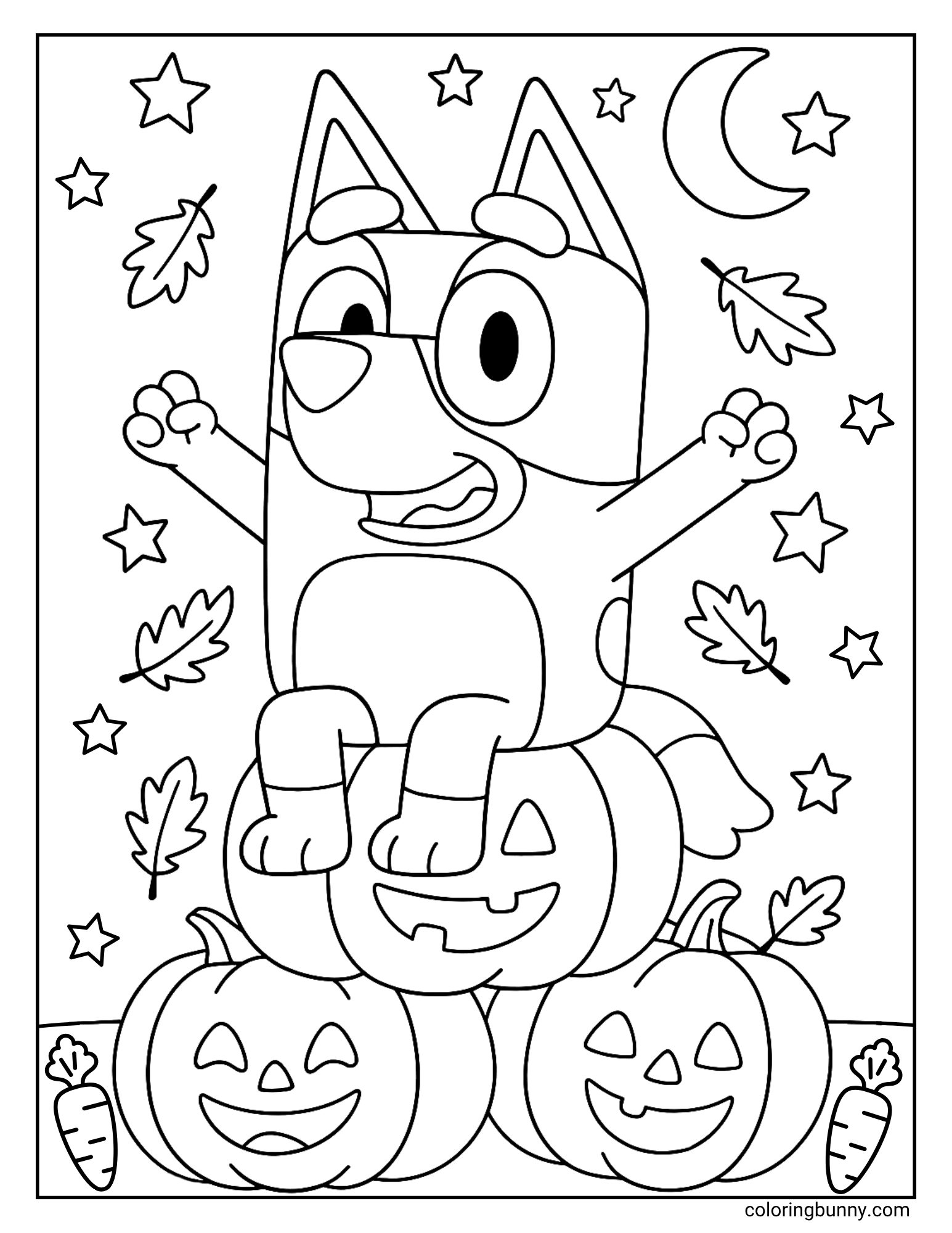 A joyful autumn coloring sheet of the cartoon character Bluey. She is sitting happily on top of a stack of three large jack-o'-lanterns with her arms raised in the air, celebrating under a starry night sky.