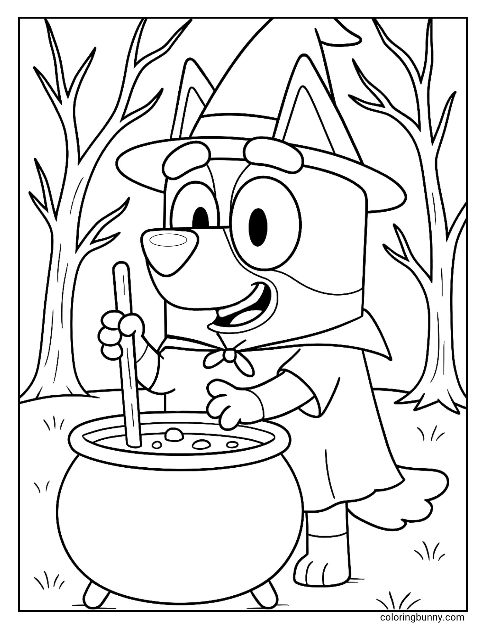A fun Halloween coloring sheet of the cartoon character Bluey playing dress-up. She is wearing a witch's hat and a cape and is happily stirring a big, bubbling cauldron in a spooky forest at night.