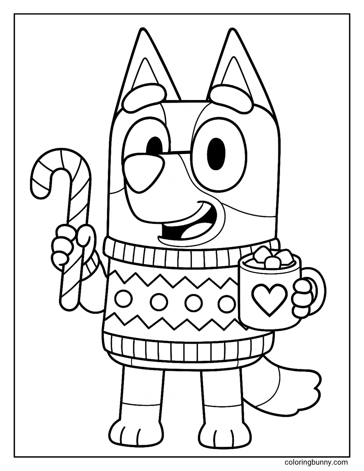 A Bluey Christmas coloring page featuring the character Bluey. She is wearing a patterned Christmas sweater while holding a mug of hot cocoa and a candy cane.