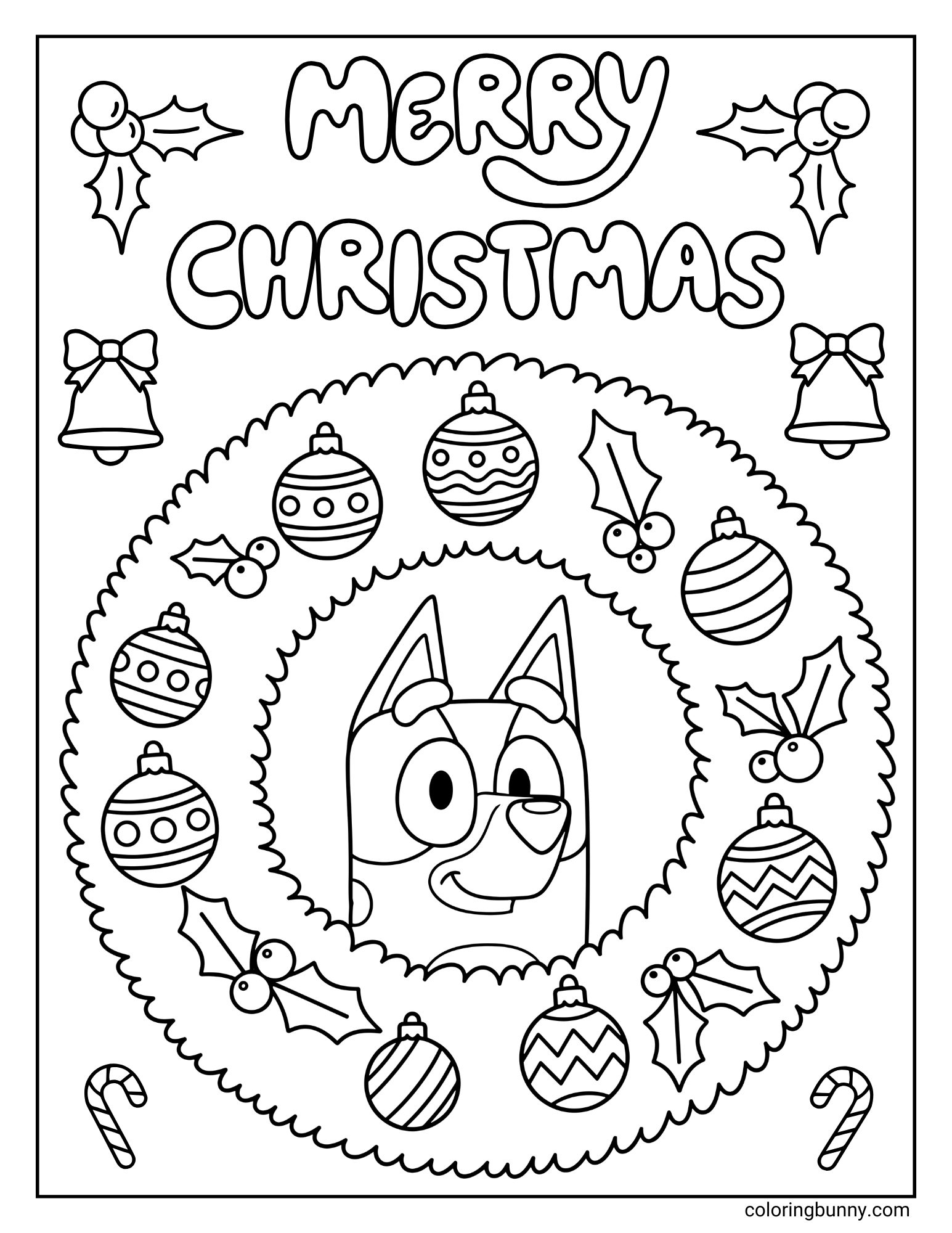 A Bluey Christmas coloring page featuring the character Bluey's head peeking out from the center of a large, decorated Christmas wreath.