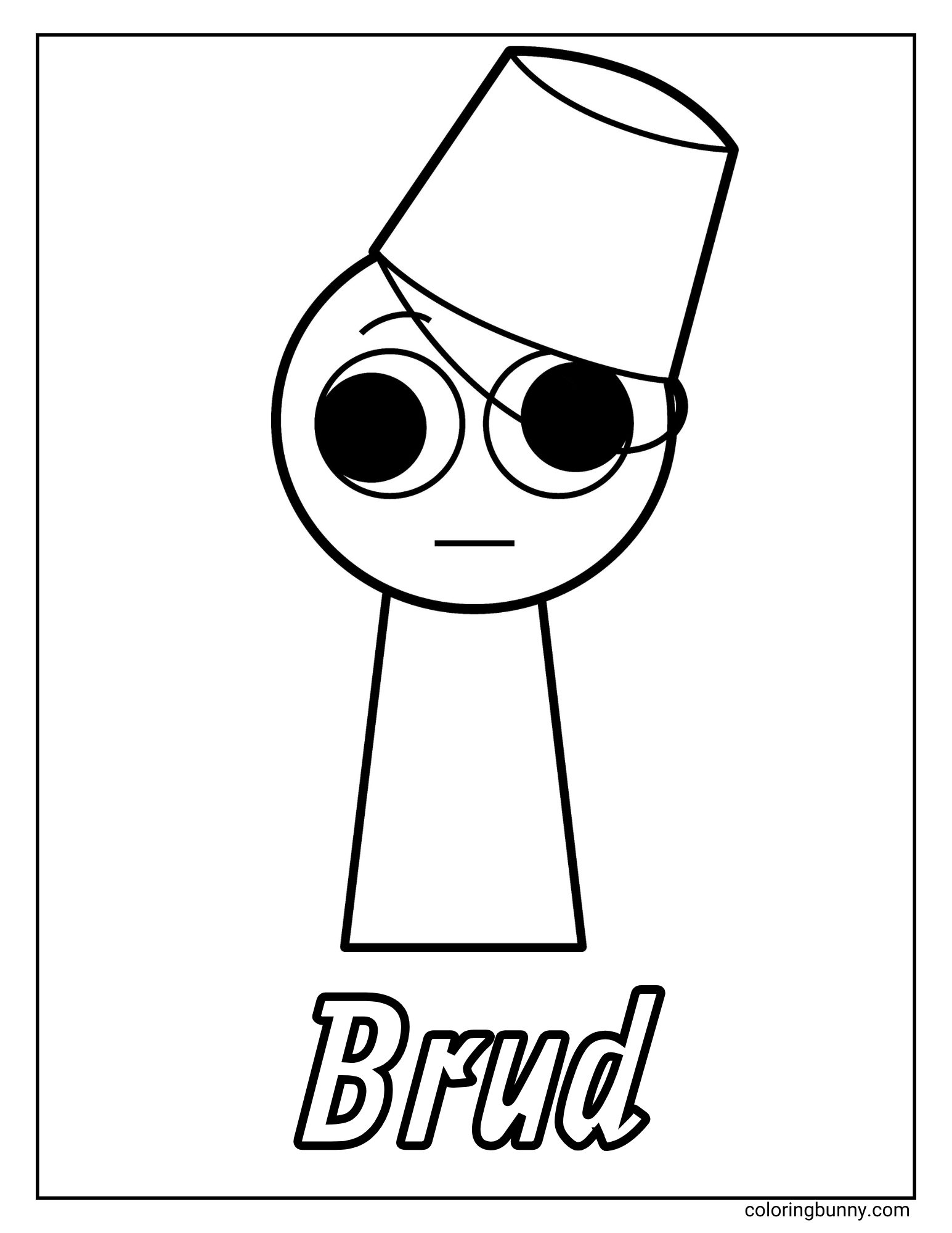 A simple coloring page of the Sprunki character named Brud. Brud is a quirky cartoon figure with large eyes and is wearing a fez-style hat tilted to the side. His name is written in large letters at the bottom of the page.