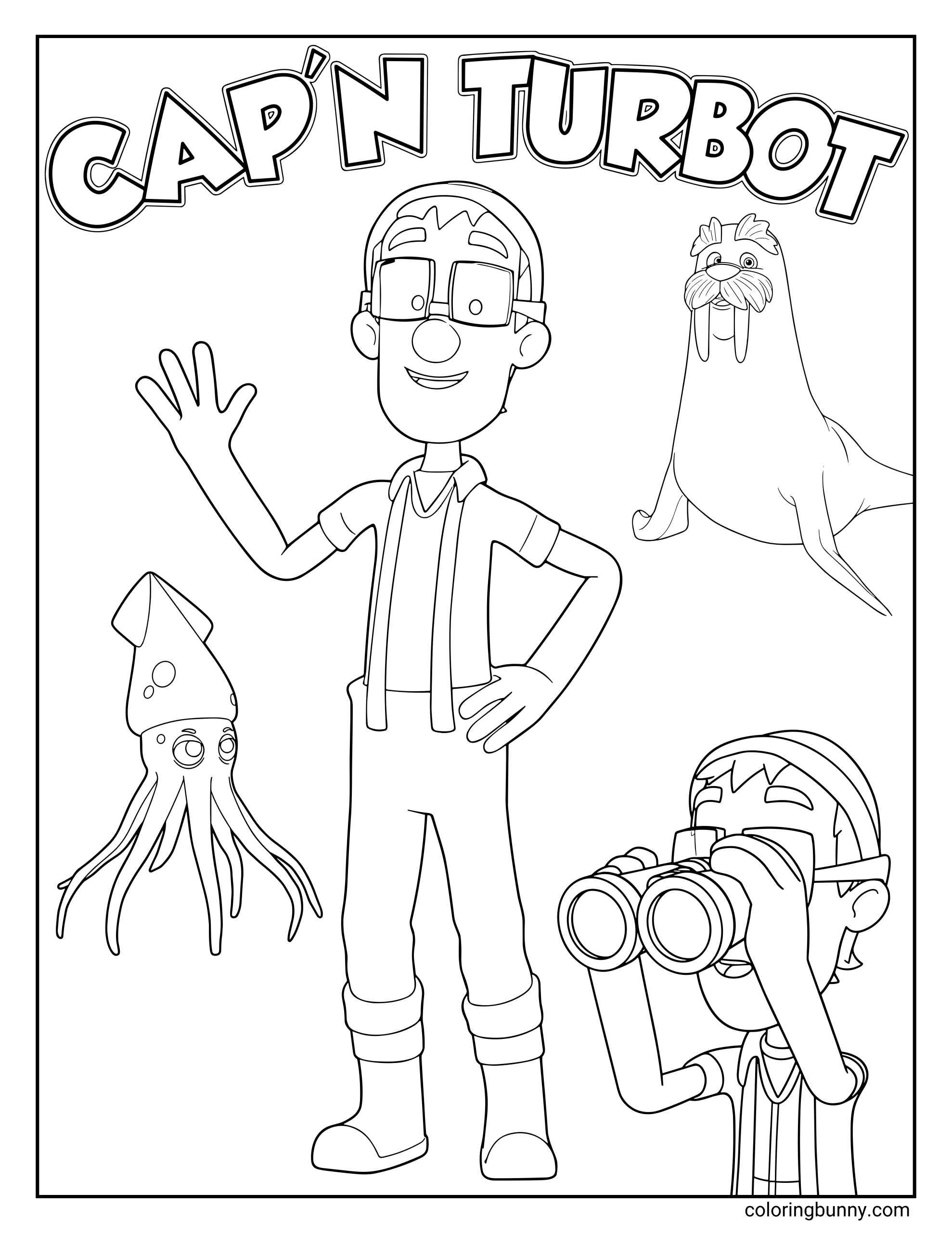 A Paw Patrol coloring page of Cap’n Turbot, the friendly marine biologist, standing beside a walrus and a squid, with another version of him looking through binoculars.