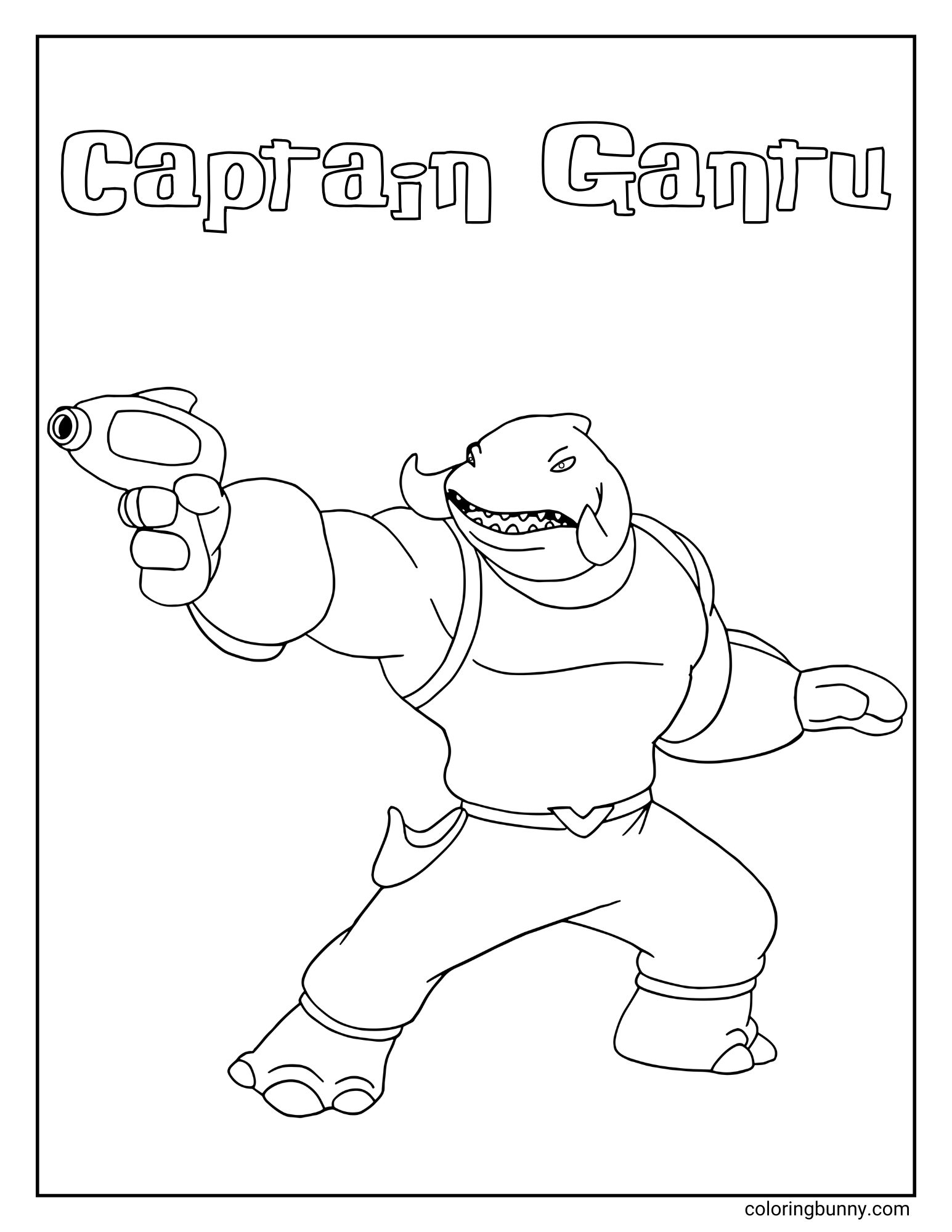 A coloring page of the Disney villain Captain Gantu from Lilo & Stitch. The large, shark-like alien is in an action pose, aiming his blaster with a serious expression. His name, "Captain Gantu," is written in letters above his head.