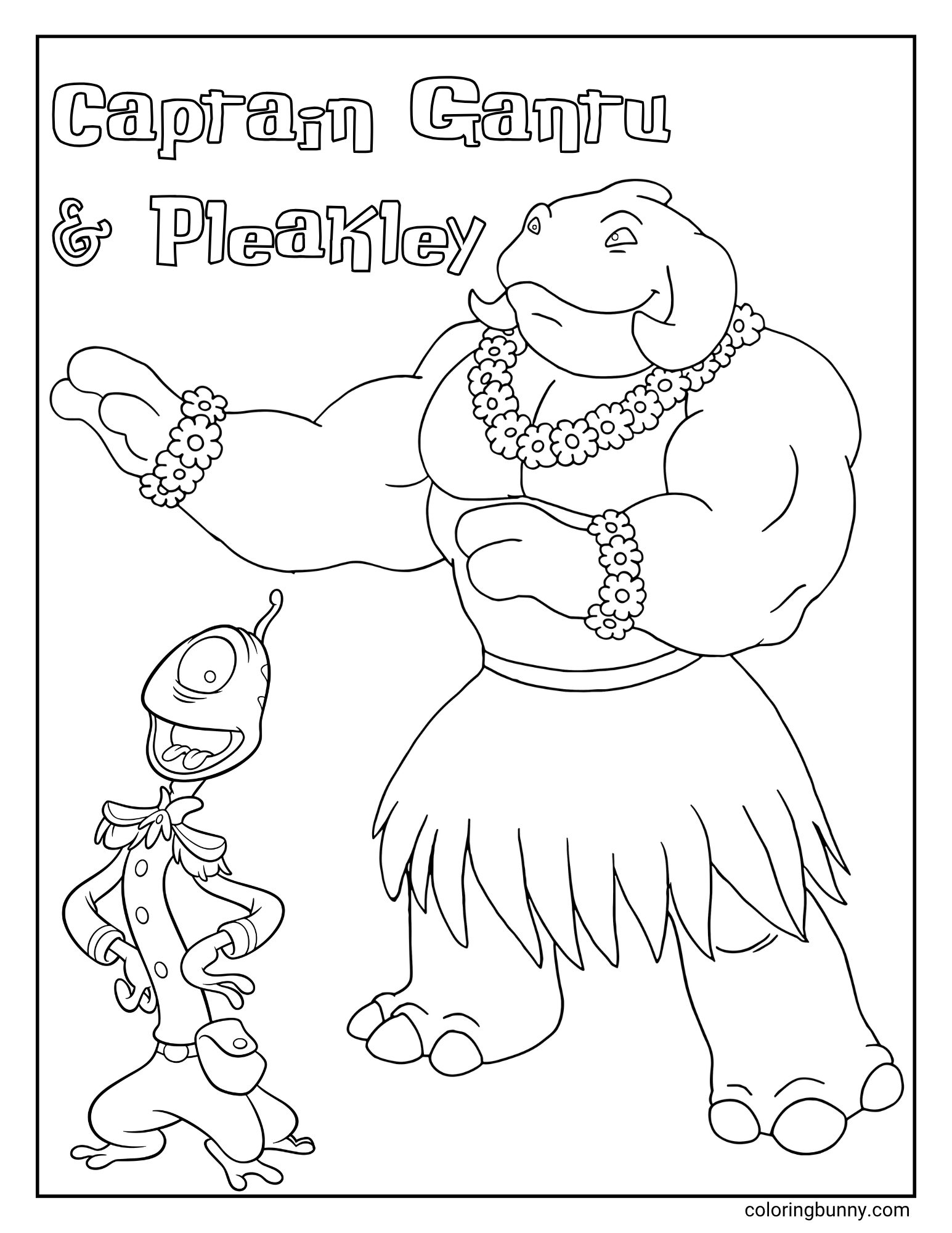 A funny Disney coloring page of Captain Gantu and Pleakley from Lilo & Stitch. The huge Captain Gantu is posing proudly in a grass skirt and leis, while the skinny Pleakley stands confidently with his hands on his hips. Their names are written at the top.