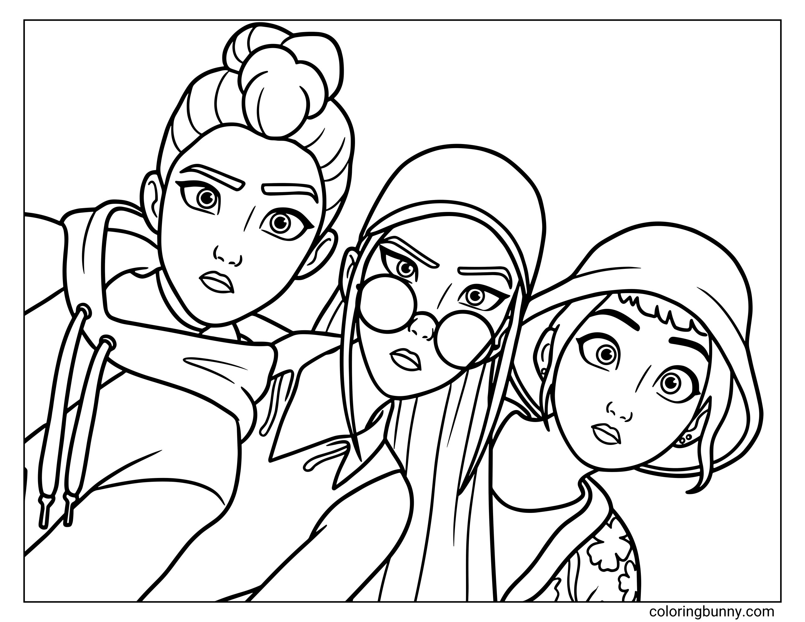 A coloring page of Rumi, Mira, and Zoey in casual outfits, all leaning in toward the viewer with curious, wide-eyed expressions. Rumi wears a hoodie with her hair in a high bun, Mira has long straight hair with round glasses and a cap on, and Zoey wears a bucket hat with short hair peeking out. They are posed close together as if looking into a camera.