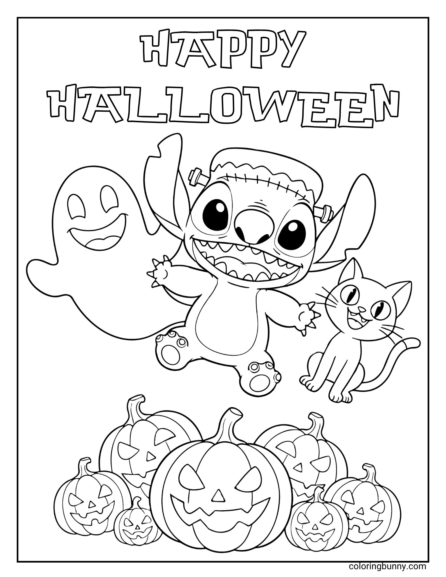 A fun Stitch coloring page for Halloween. Stitch is dressed as Frankenstein's monster and is joyfully jumping with a friendly ghost and a cute black cat over a pile of jack-o'-lanterns. The text 'Happy Halloween' is at the top.