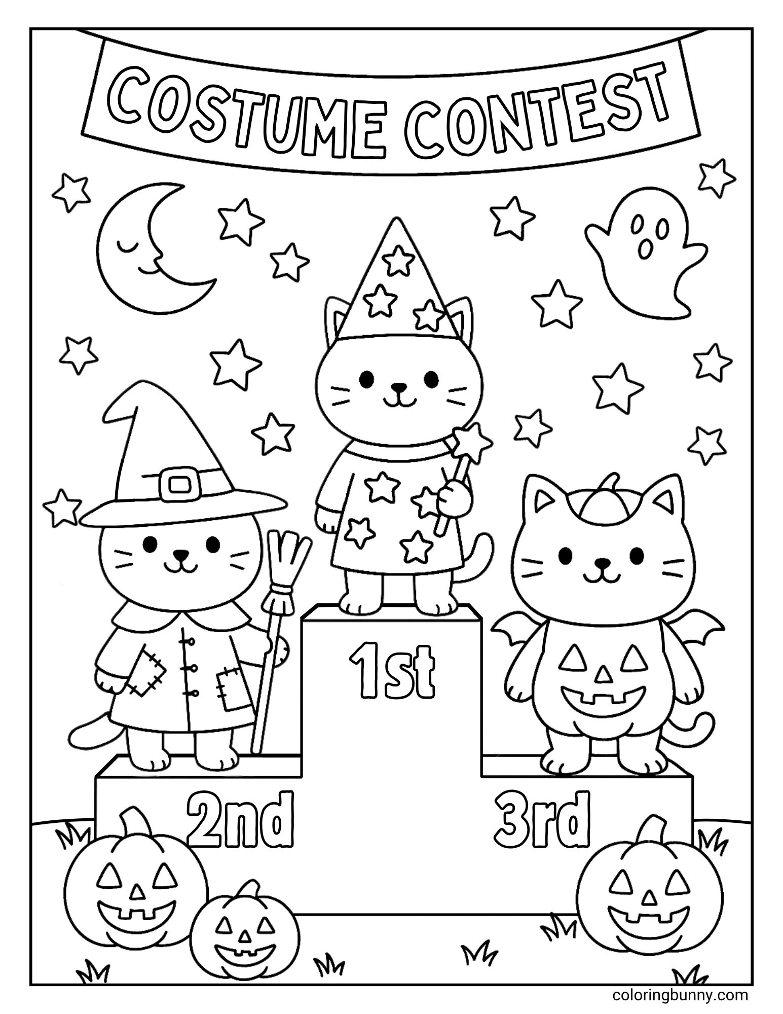 A cute cat Halloween coloring page with three cats in costumes stand on a winners' podium: a witch in 1st place, a wizard in 2nd, and a pumpkin-bat in 3rd. The scene is decorated with jack-o'-lanterns, ghosts, and stars. There is also a banner at the top saying 'Costume Contest'.