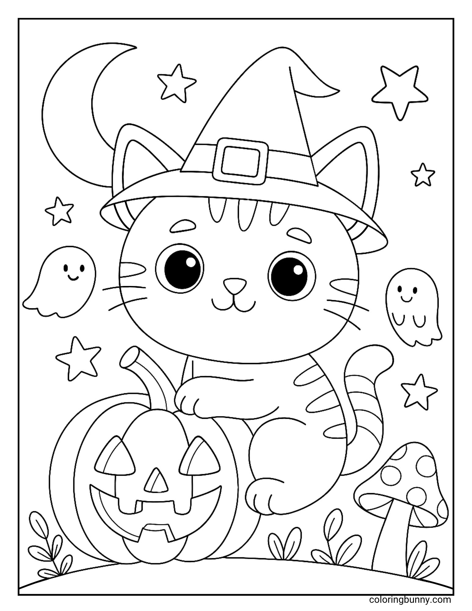 A coloring page of a striped cat wearing a witch hat. The cat is sitting with its paw on a jack-o'-lantern. The scene includes two small ghosts, stars, a crescent moon, and a mushroom on the ground.