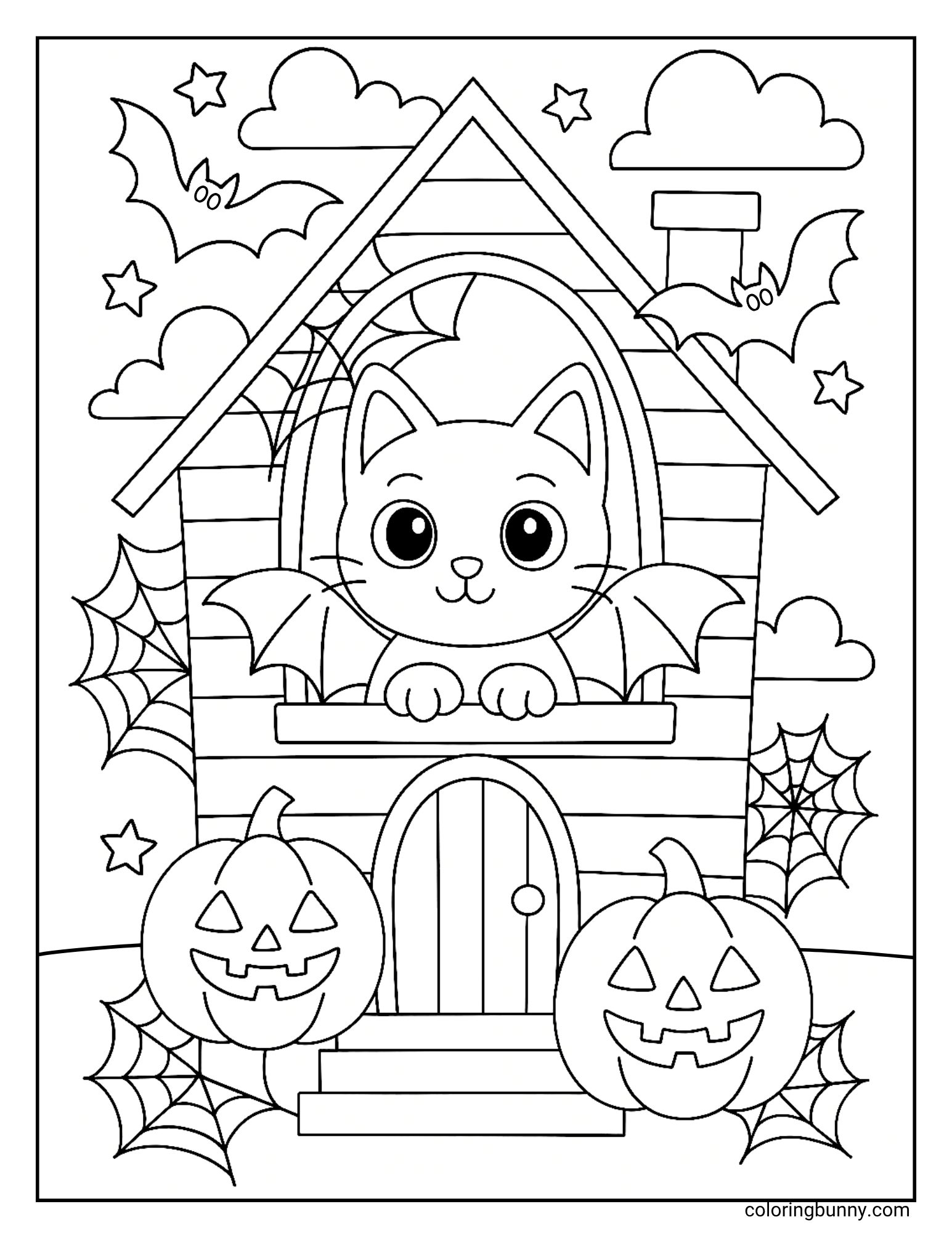 A Halloween themed coloring page of a cat with bat wings looking out of the top window of a two-story house. The house is decorated with spiderwebs, and two jack-o'-lanterns sit by the front door. Bats and stars are in the sky behind the house.