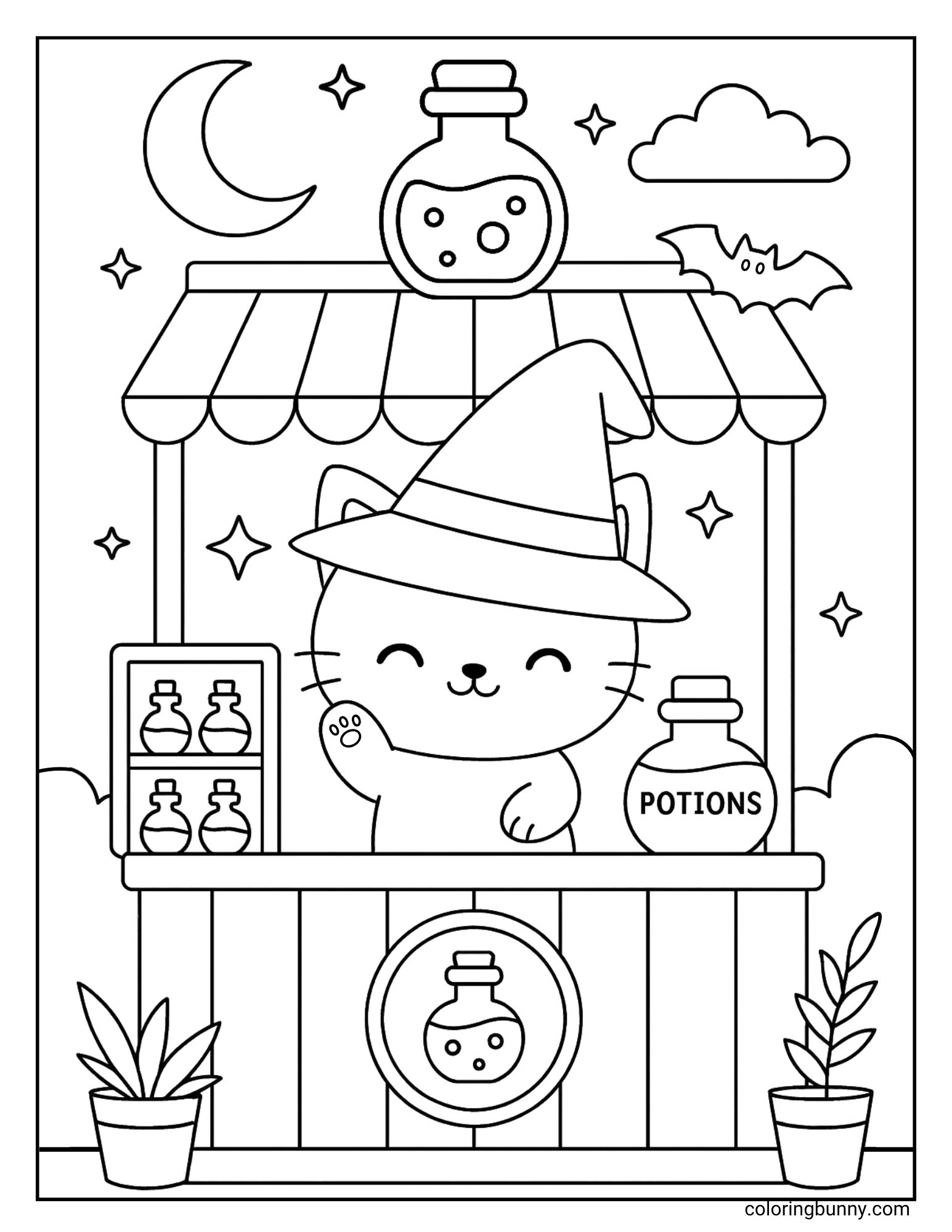 A coloring page depicting a cat in a witch hat operating a potion stand. The stand displays various bottles, including one labeled "POTIONS," and is decorated with a large potion bottle above. The background features a crescent moon, stars, clouds, and a bat.