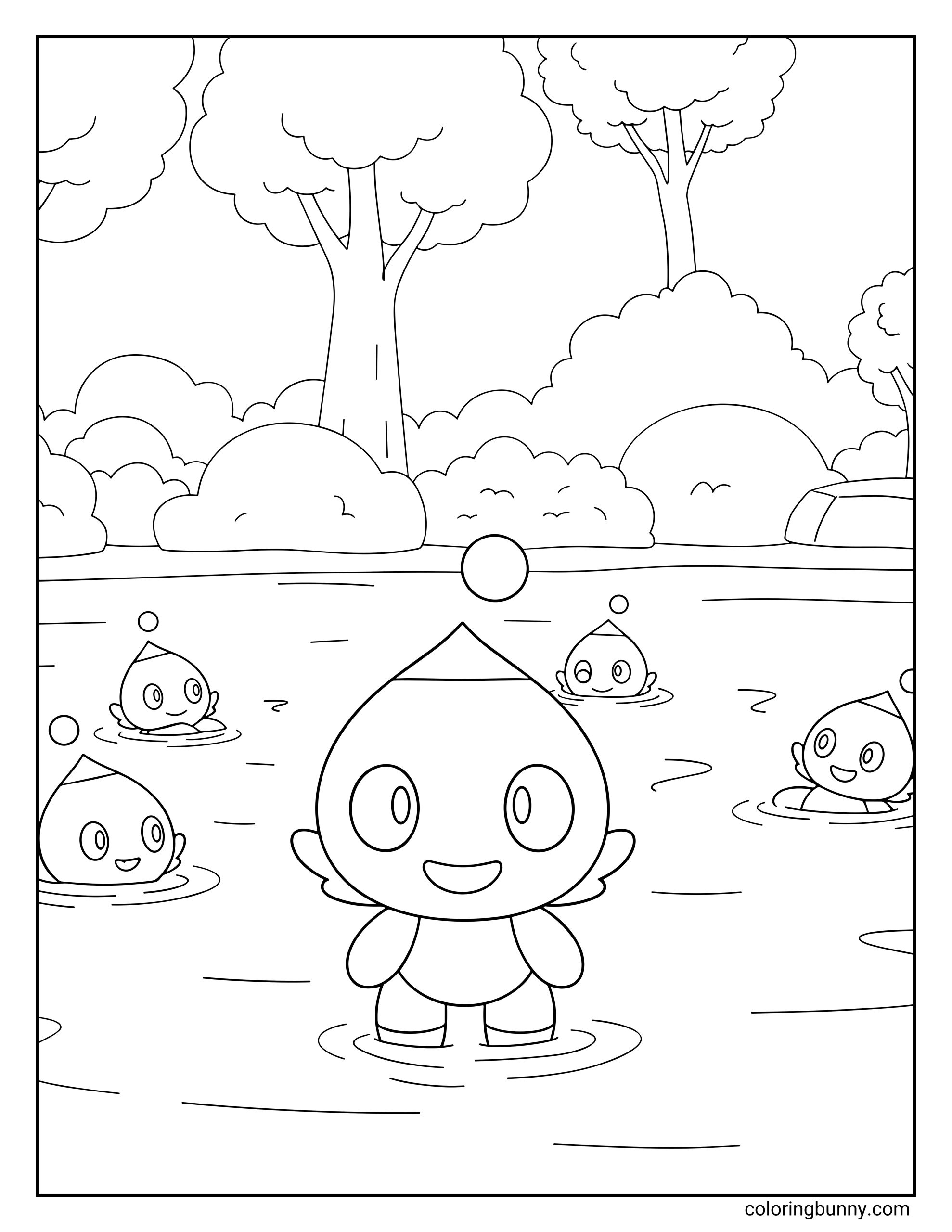 A coloring page of Chao creatures relaxing and swimming in a peaceful garden pond surrounded by trees and bushes.