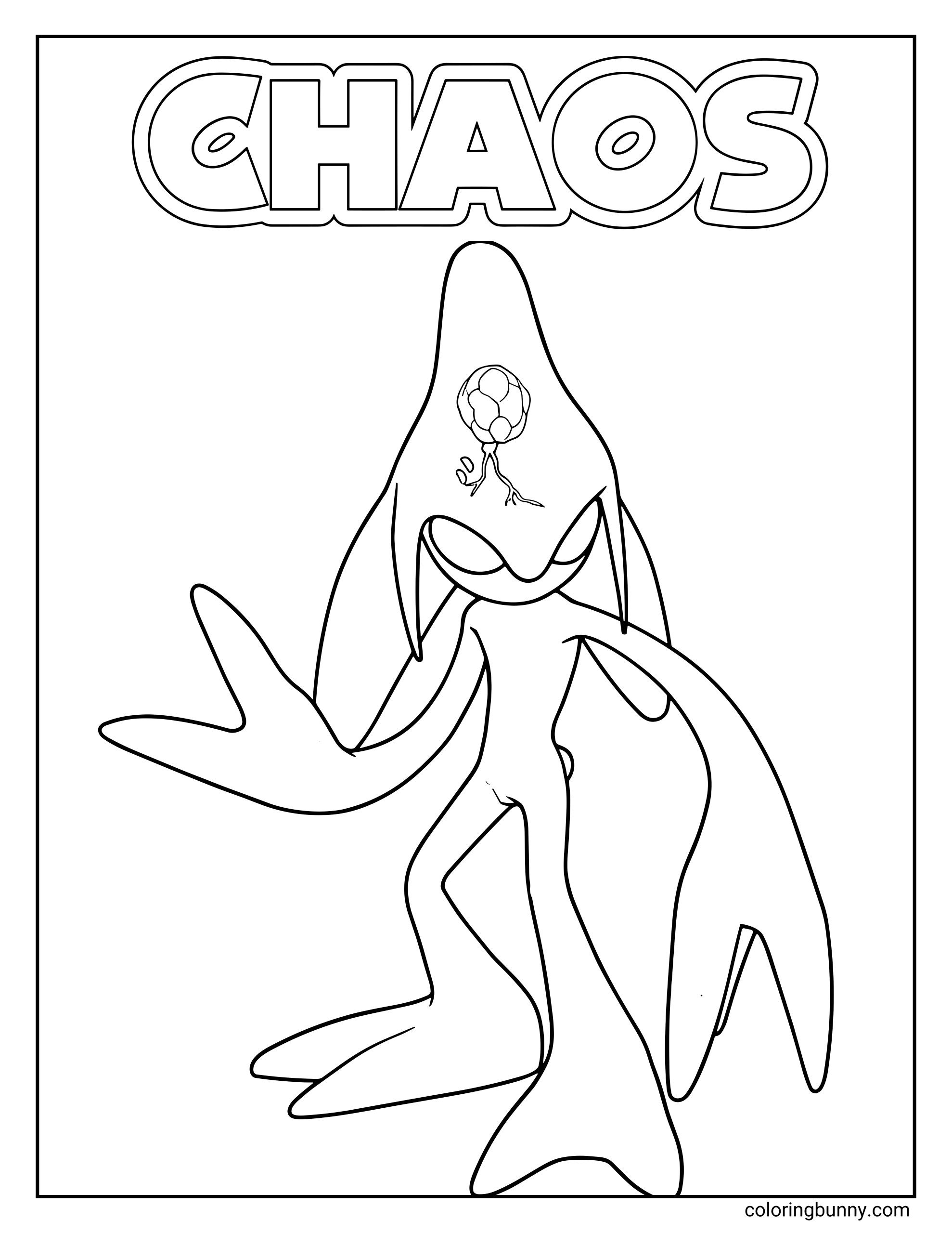 Chaos coloring page featuring the liquid-like creature from Sonic the Hedgehog. He has a translucent, water-based body with elongated limbs and an orb-like brain visible inside his head. The word ‘CHAOS’ appears above in bold bubble letters.