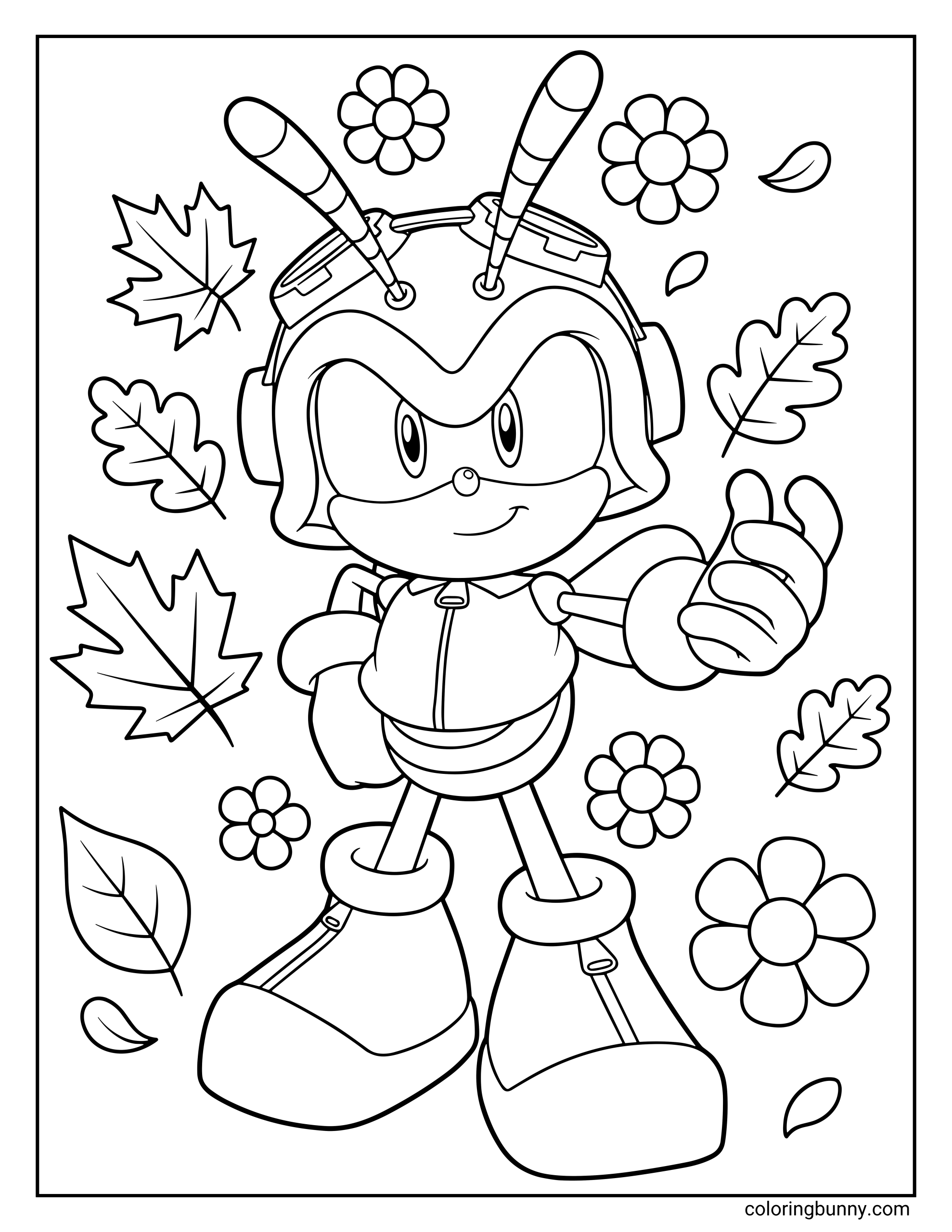 A coloring page of Charmy Bee from the Sonic series, smiling and giving a thumbs-up while surrounded by flowers and falling leaves.
