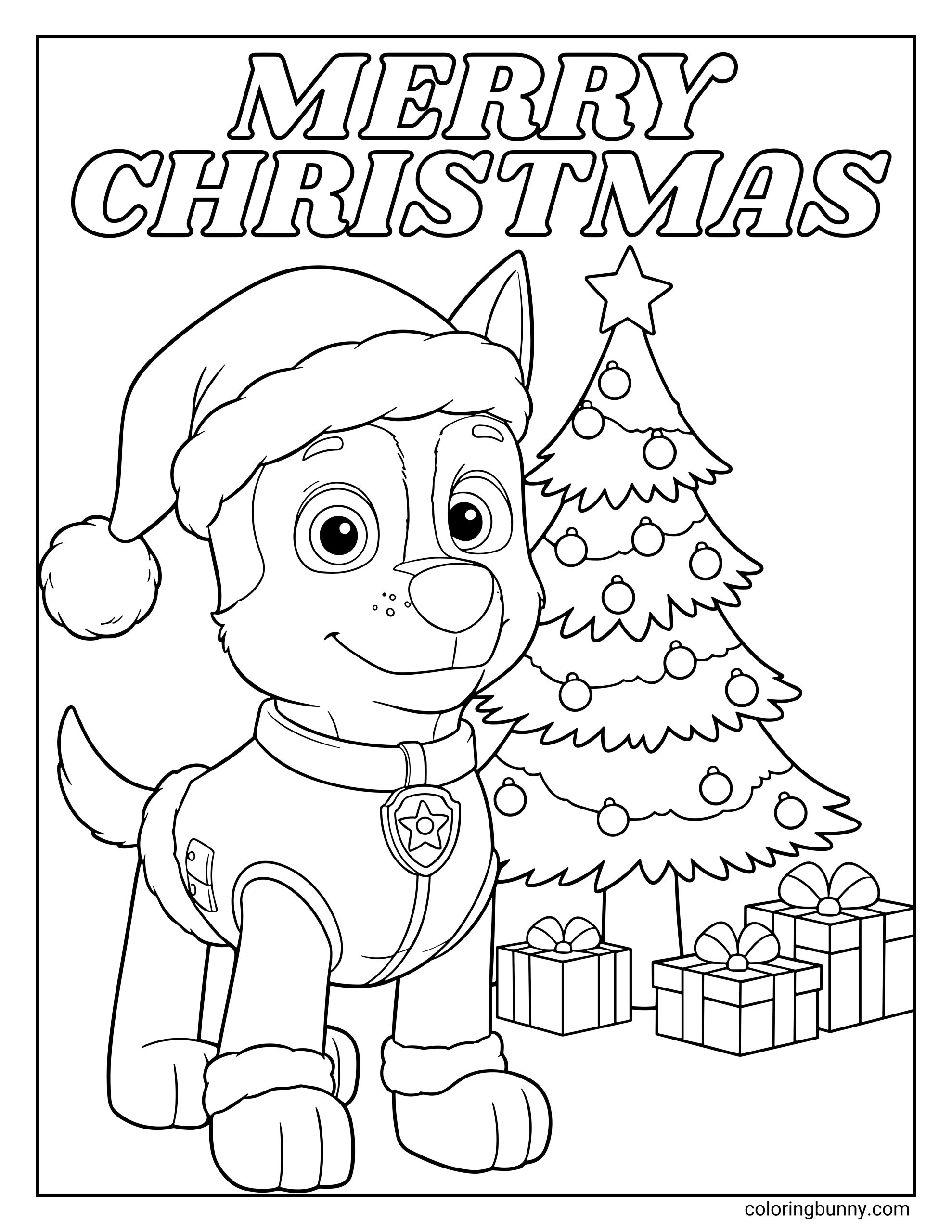 A Paw Patrol Christmas coloring page featuring Chase wearing a Santa hat and festive outfit. Behind him stands a decorated Christmas tree with ornaments and several wrapped presents underneath. The words “Merry Christmas” appear at the top.