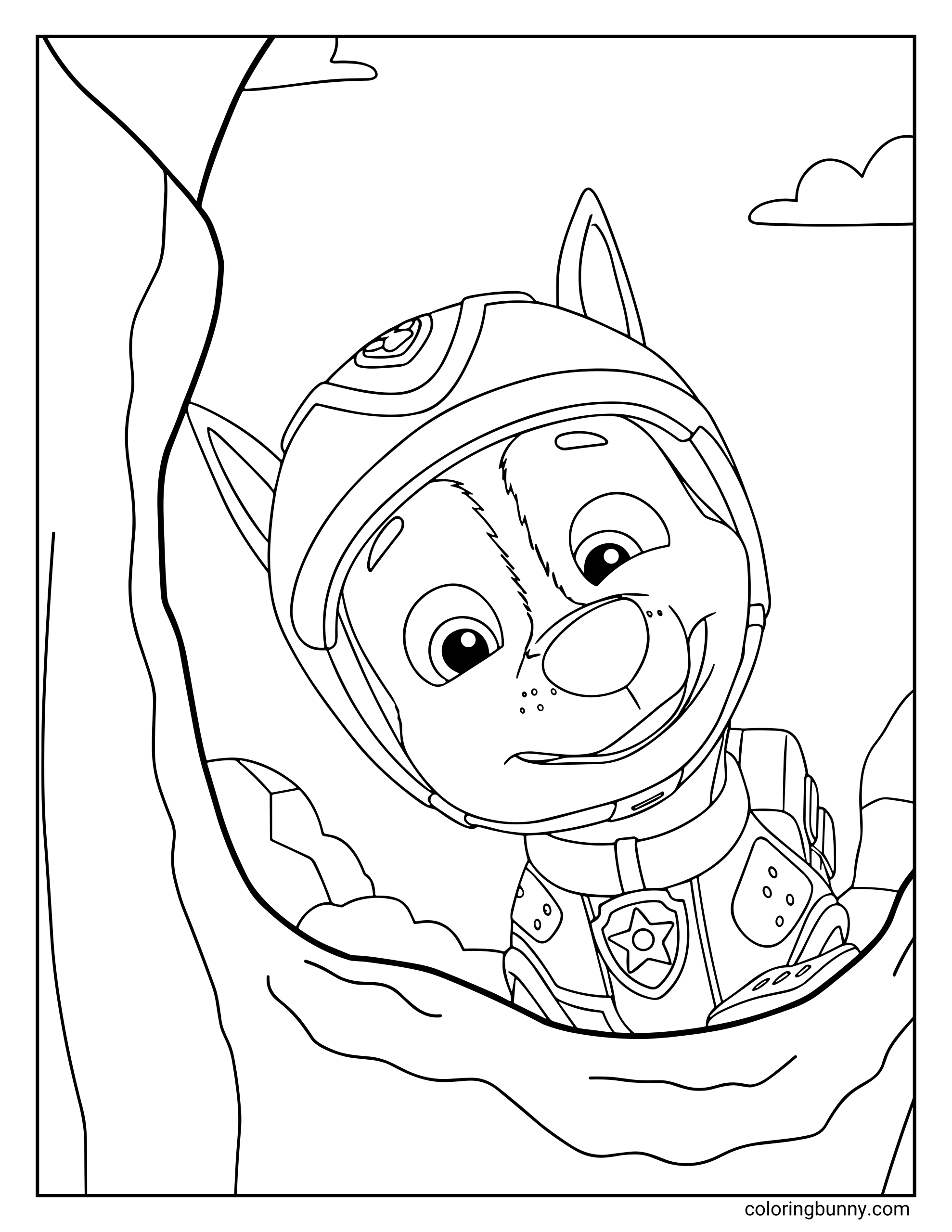 A Paw Patrol coloring page of Chase wearing his helmet and peeking curiously inside a tree trunk, with clouds and rocks in the background.