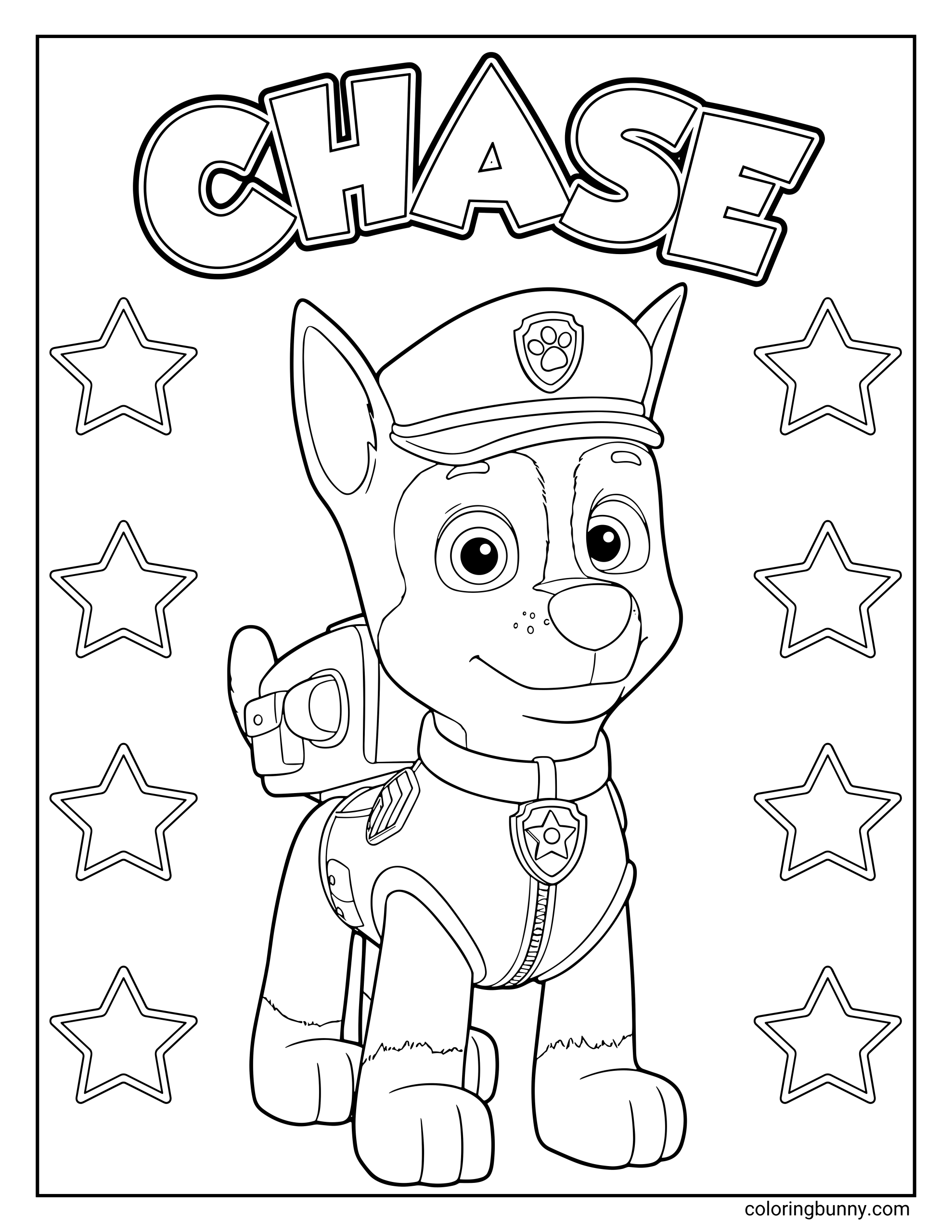 Coloring page of Chase from Paw Patrol standing proudly in his police uniform and cap, surrounded by stars and his name written in bold letters at the top.