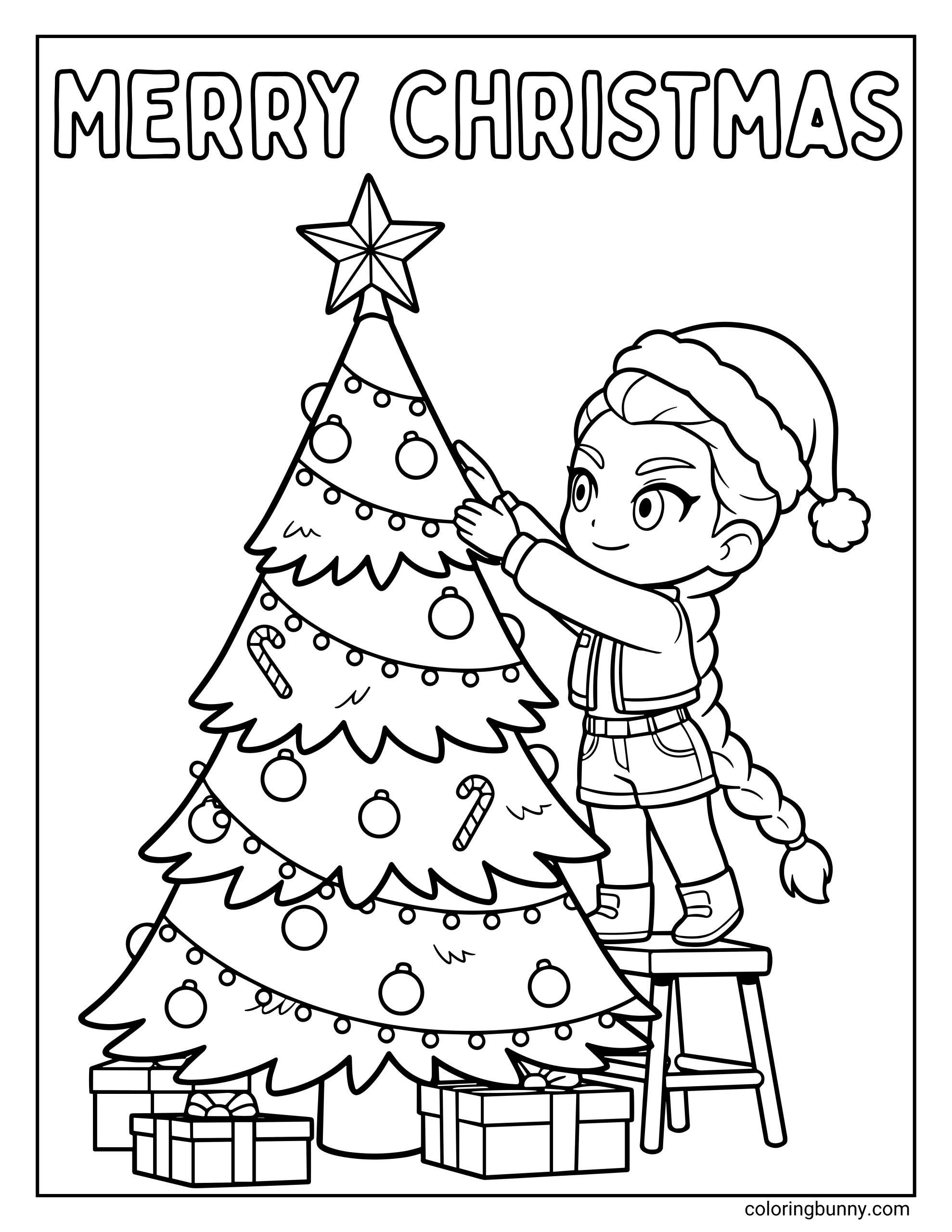 A cute chibi-style coloring page of Rumi from KPop Demon Hunters decorating a Christmas tree. She’s standing on a stool, wearing a Santa hat and winter outfit, placing a star on top of the tree surrounded by ornaments, candy canes, and presents.
