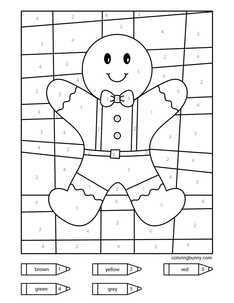 A color-by-number Christmas coloring page featuring a smiling gingerbread man with a bow tie, buttons, and icing details, set against a patterned festive background.