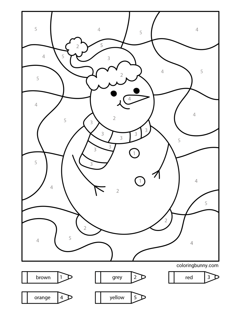 A color-by-number Christmas coloring page showing a happy snowman wearing a cozy hat and striped scarf, with a wavy festive background behind him.