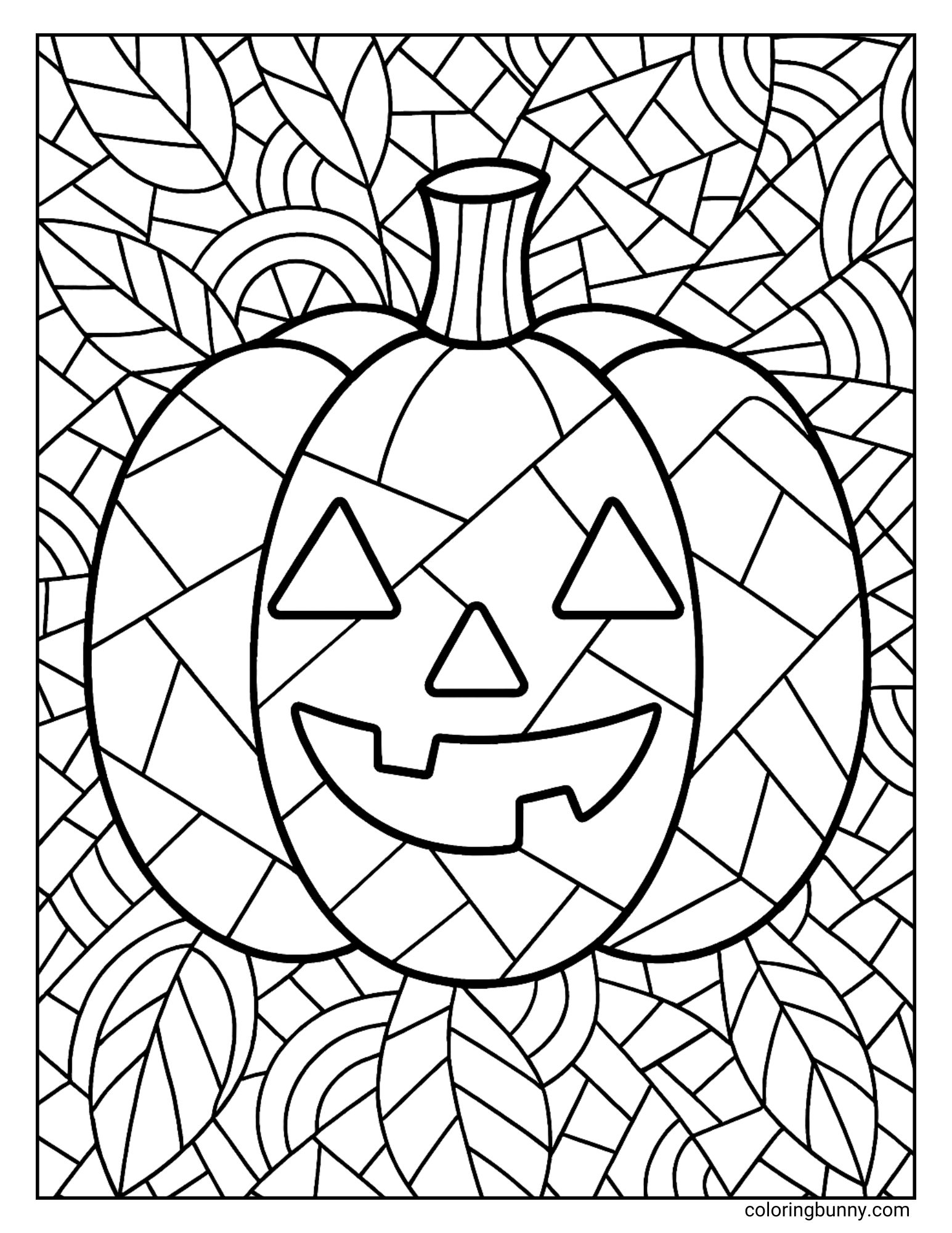 A complex and artistic Halloween coloring sheet for older children or adults. The entire page, including the central jack-o'-lantern and the leafy background, is filled with an intricate geometric 'shattered glass' or mosaic pattern.