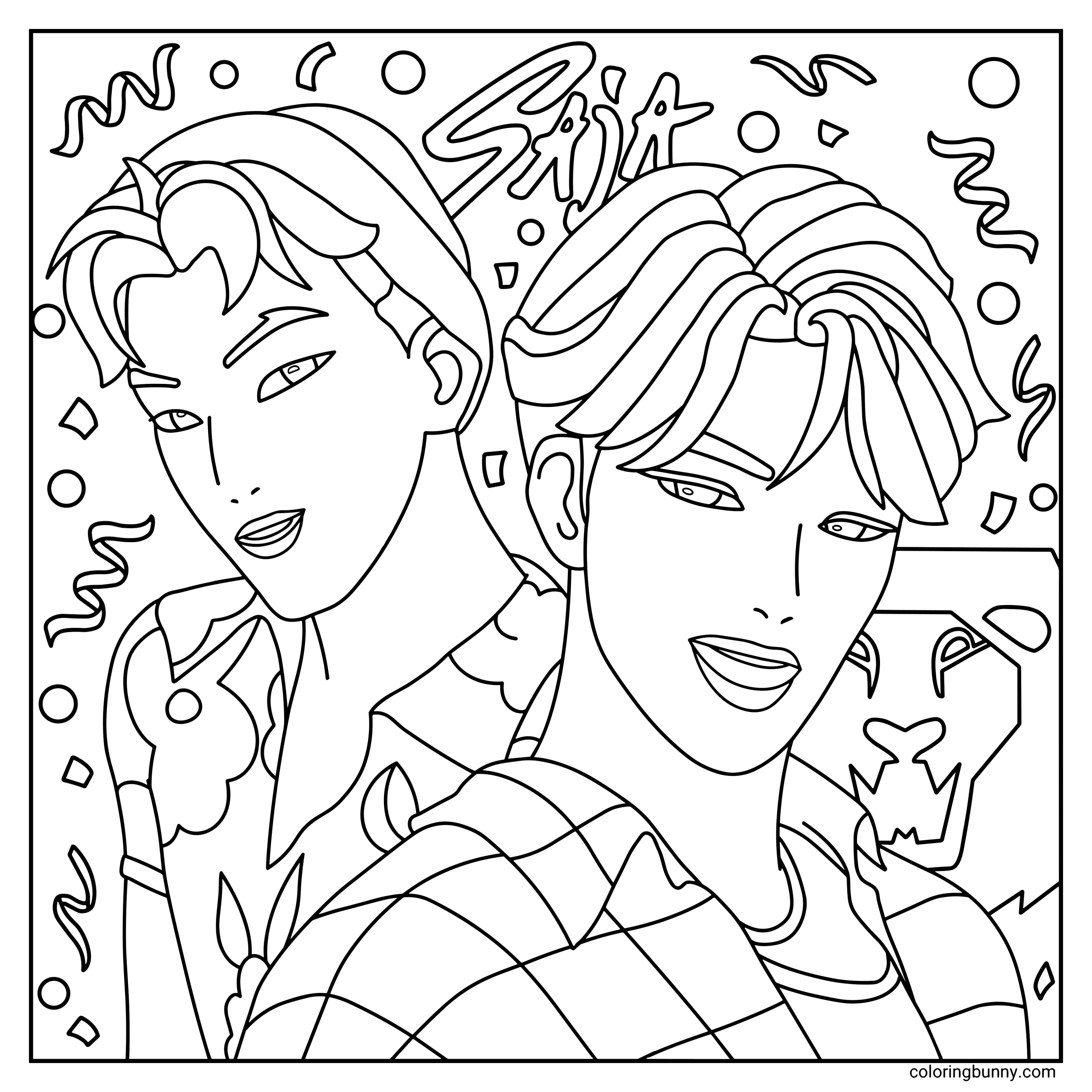 A cozy Saja Boys coloring page of Abby and Jinu from KPop Demon Hunters standing back-to-back, with confident expressions and stylish layered hairstyles. Both characters are shown in cozy outfits with clean line art, highlighting their facial features, clothing details, and dynamic poses that make the scene feel bold and expressive. A simple SAJA logo, lightstick, and confetti fill the background.