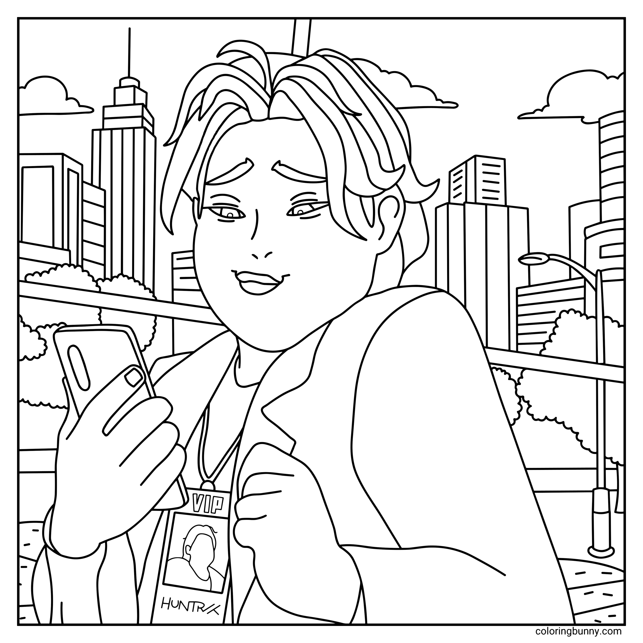 A detailed cozy KPop Demon Hunters coloring page featuring Bobby, the Huntrix manager, standing outdoors in a city setting. He is smiling while holding a smartphone, wearing a jacket and a visible VIP Huntrix lanyard, with tall buildings, trees, and street details creating a relaxed urban backdrop.
