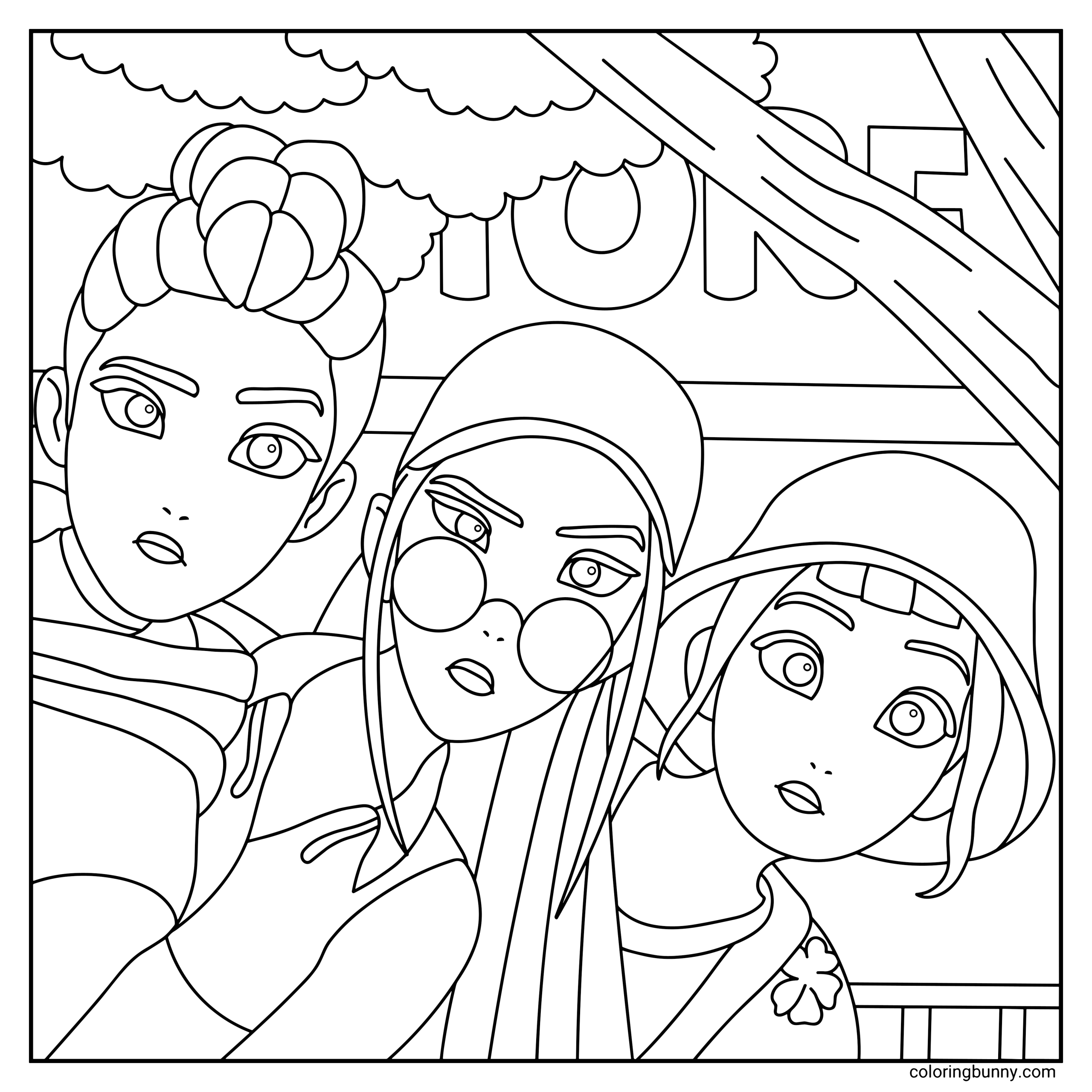 A detailed cozy KPop Demon Hunters coloring page featuring Rumi, Mira, and Zoey from Huntrix standing close together outside a shop, dressed in casual outfits. Rumi wears a cozy hoodie with layered sleeves and her hair styled up neatly, Mira sports a baseball cap with round glasses and a relaxed jacket for a laid-back street look, and Zoey wears a bucket hat with a simple top, giving off an effortlessly cool vibe. The scene includes storefront signage, leafy trees, and a calm everyday atmosphere, capturing the trio mid-moment as if they’ve just stepped out together.