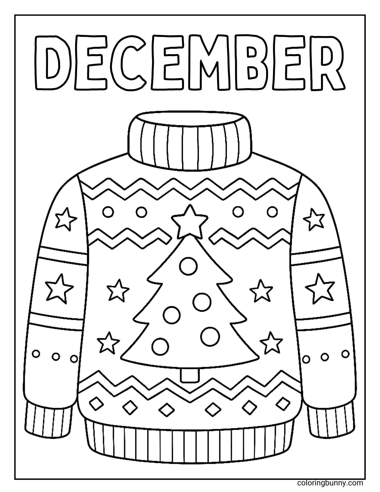 A festive December coloring page of a warm turtleneck jumper with the word 'December' at the top. The jumper is decorated with a large Christmas tree design in the center, surrounded by stars and other classic holiday patterns like zigzags and diamonds.