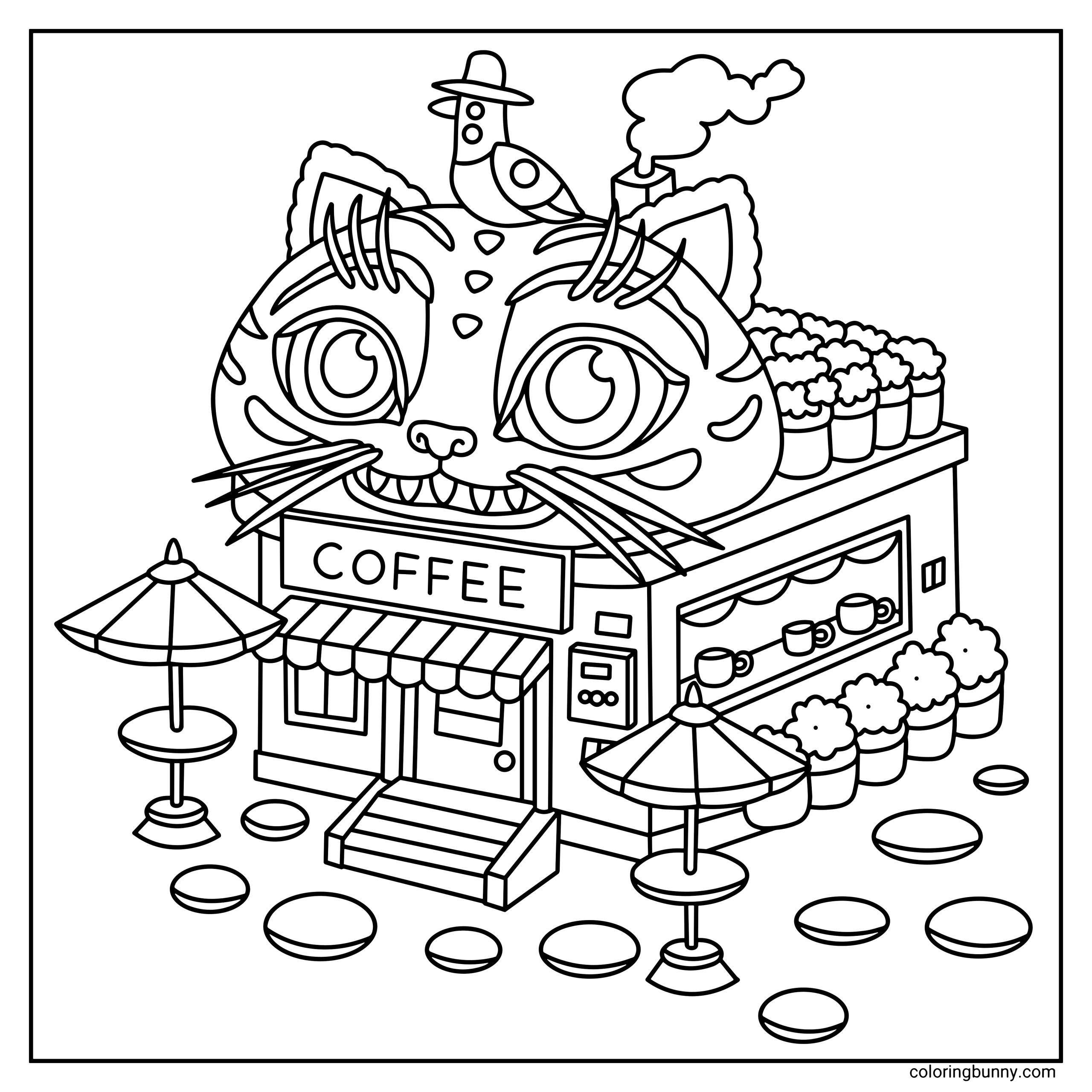 A hand-drawn cozy corner KPop Demon Hunters coloring page featuring Derpy and Sussie’s coffee shop, with a giant Derpy-themed roof, Sussie perched on top, steaming chimney, outdoor tables with umbrellas, and rows of cups creating a playful, whimsical café scene.