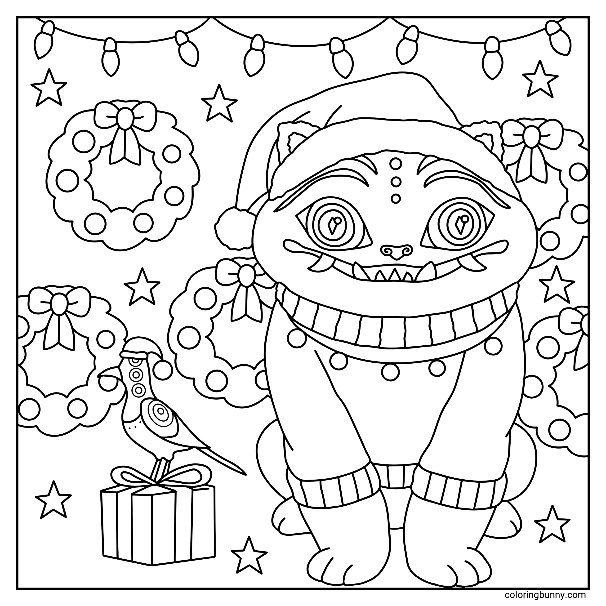 A cozy KPop Demon Hunters Christmas coloring page featuring Derpy and Sussie dressed in festive winter outfits, with Santa hats, scarves, and playful expressions. The scene is filled with holiday details like wreaths, string lights, stars, and wrapped gifts, creating a cheerful, mischievous Christmas scene.