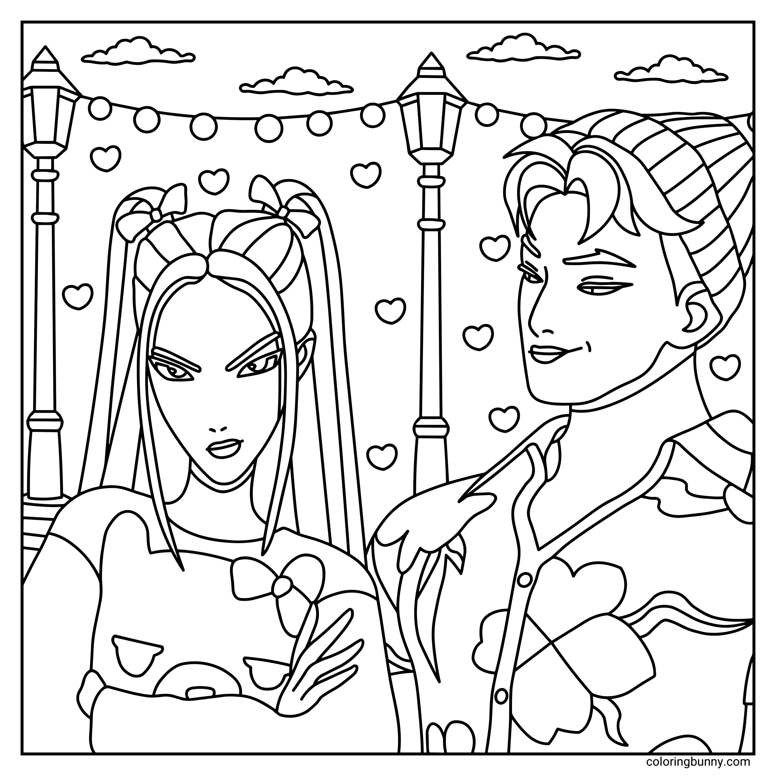 A hand-drawn cozy KPop Demon Hunters Valentine’s Day coloring page featuring Mira and Abby Saja standing together under softly glowing street lamps, surrounded by floating hearts and string lights that create a calm atmosphere.