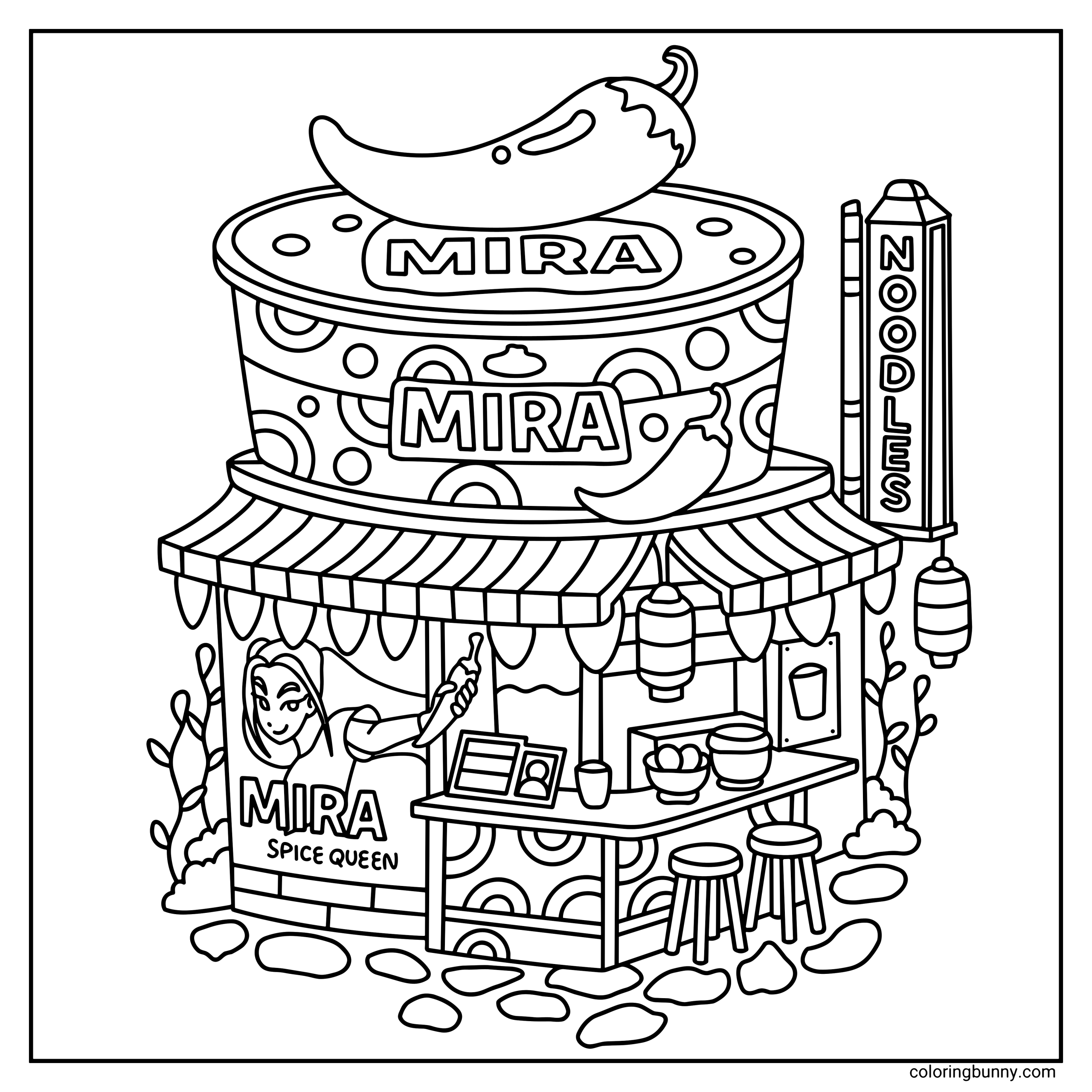A hand-drawn cozy corner KPop Demon Hunters coloring page featuring Mira at her spice noodle stand, with a giant chili pepper on the roof, “NOODLES” sign, counter seating, lantern, and playful shop details creating a warm, whimsical street food scene.