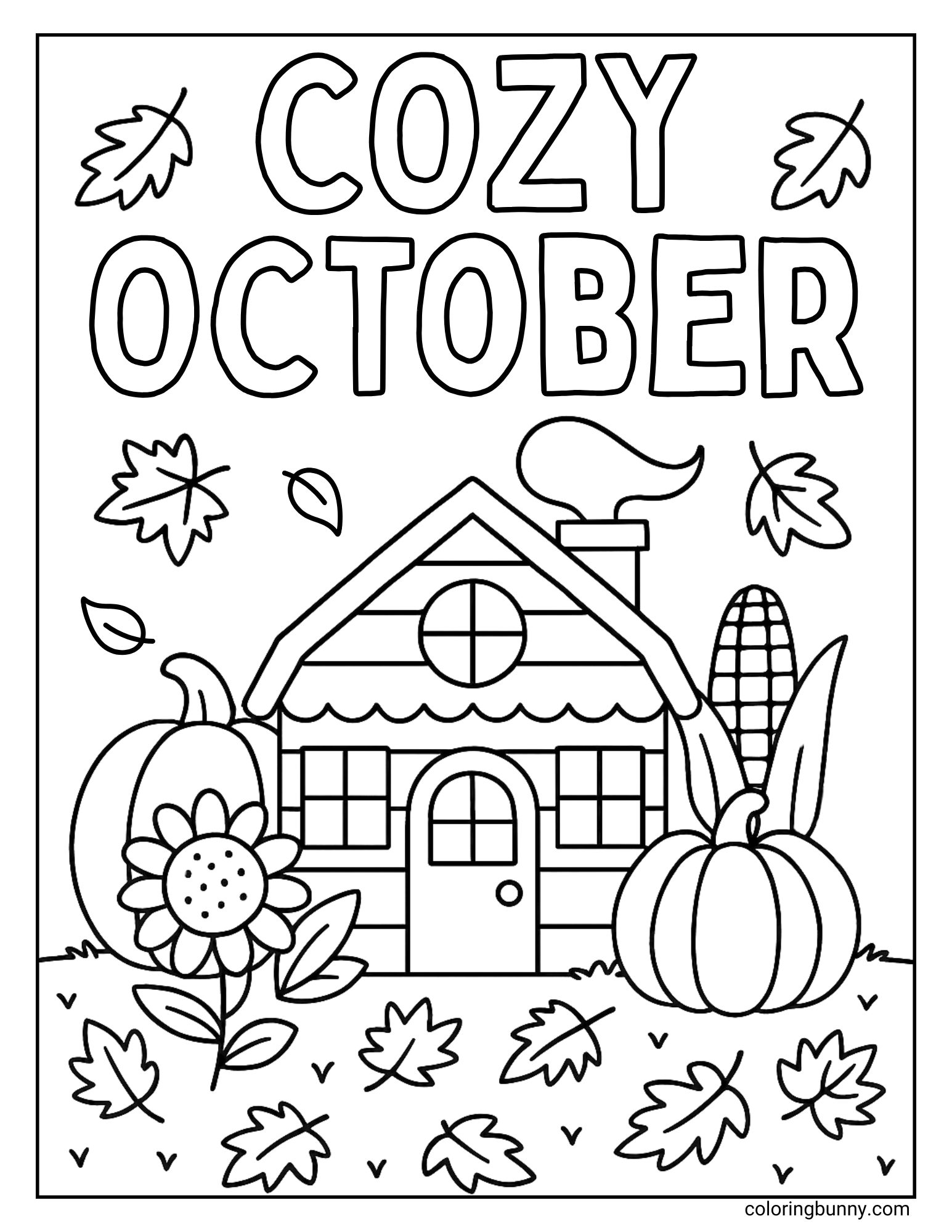 A cozy October coloring page showing a small house with a round window and a chimney puffing smoke. Pumpkins, corn, and a sunflower decorate the yard, while autumn leaves swirl gently through the scene.