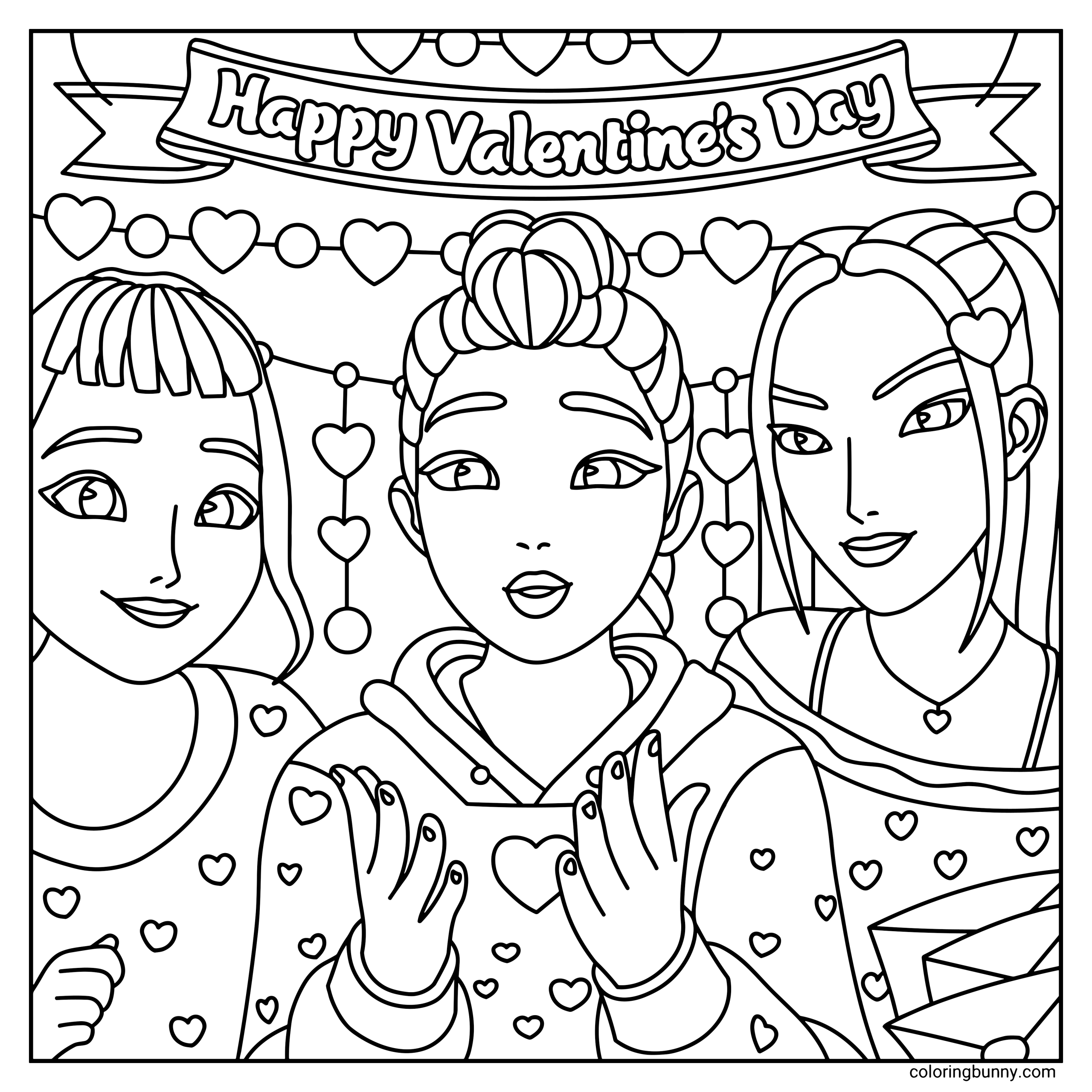 A hand-drawn KPop Demon Hunters Valentine’s Day coloring page featuring Rumi, Zoey, and Jinu standing together beneath a “Happy Valentine’s Day” banner, surrounded by hanging heart garlands and heart patterns on their outfits, creating a festive, cozy celebration scene.
