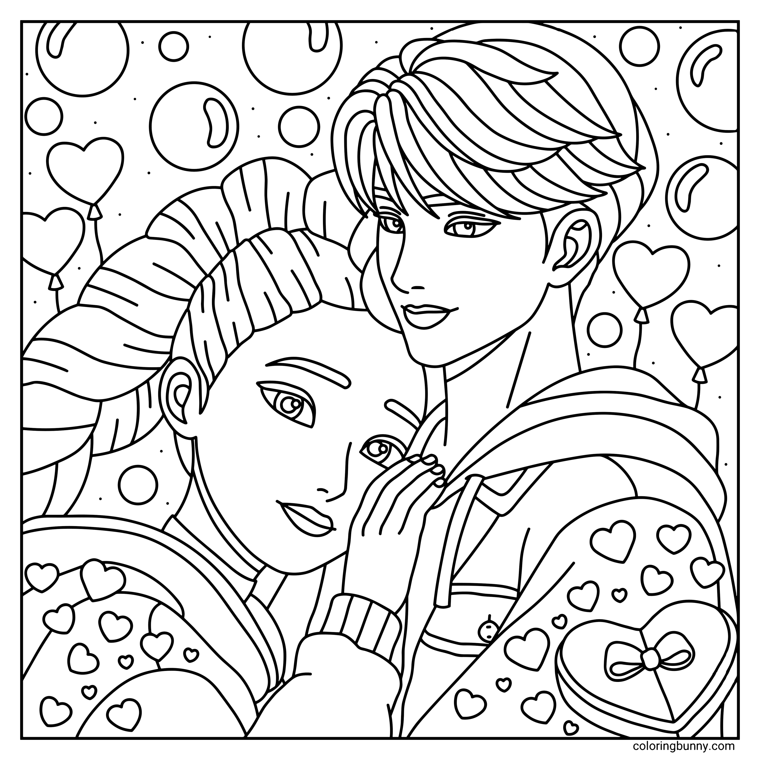 A hand-drawn cozy KPop Demon Hunters Valentine’s Day coloring page featuring Rumi and Jinu standing close together in warm winter outfits, surrounded by floating hearts, balloons, and soft decorative details that create a romantic, playful atmosphere.