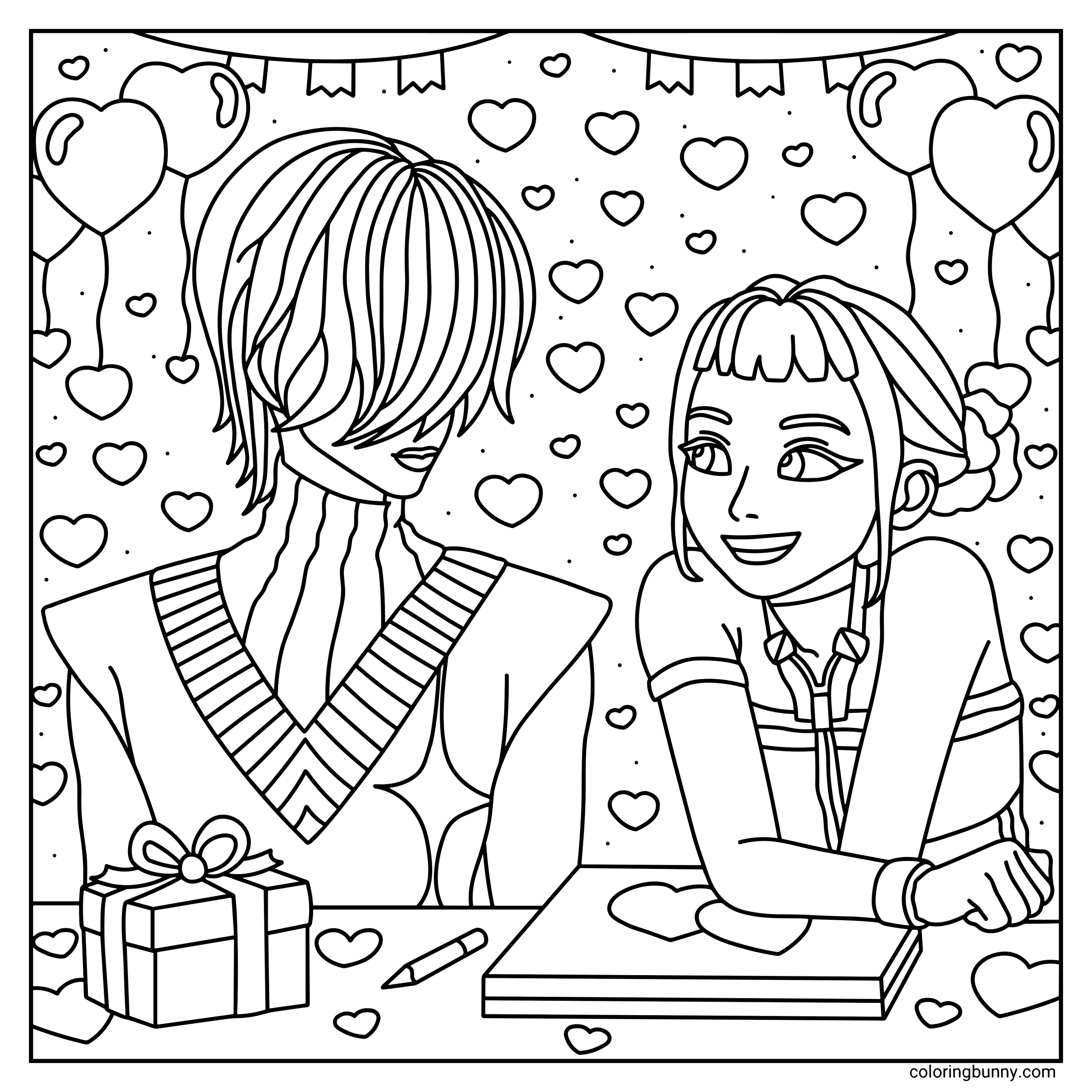 A hand-drawn cozy KPop Demon Hunters Valentine’s Day coloring page featuring Mystery from Saja Boys and Zoey from Huntrix sitting together at a decorated desk, surrounded by floating hearts, balloons, and festive bunting, with a small gift box and notebook adding to the atmosphere.