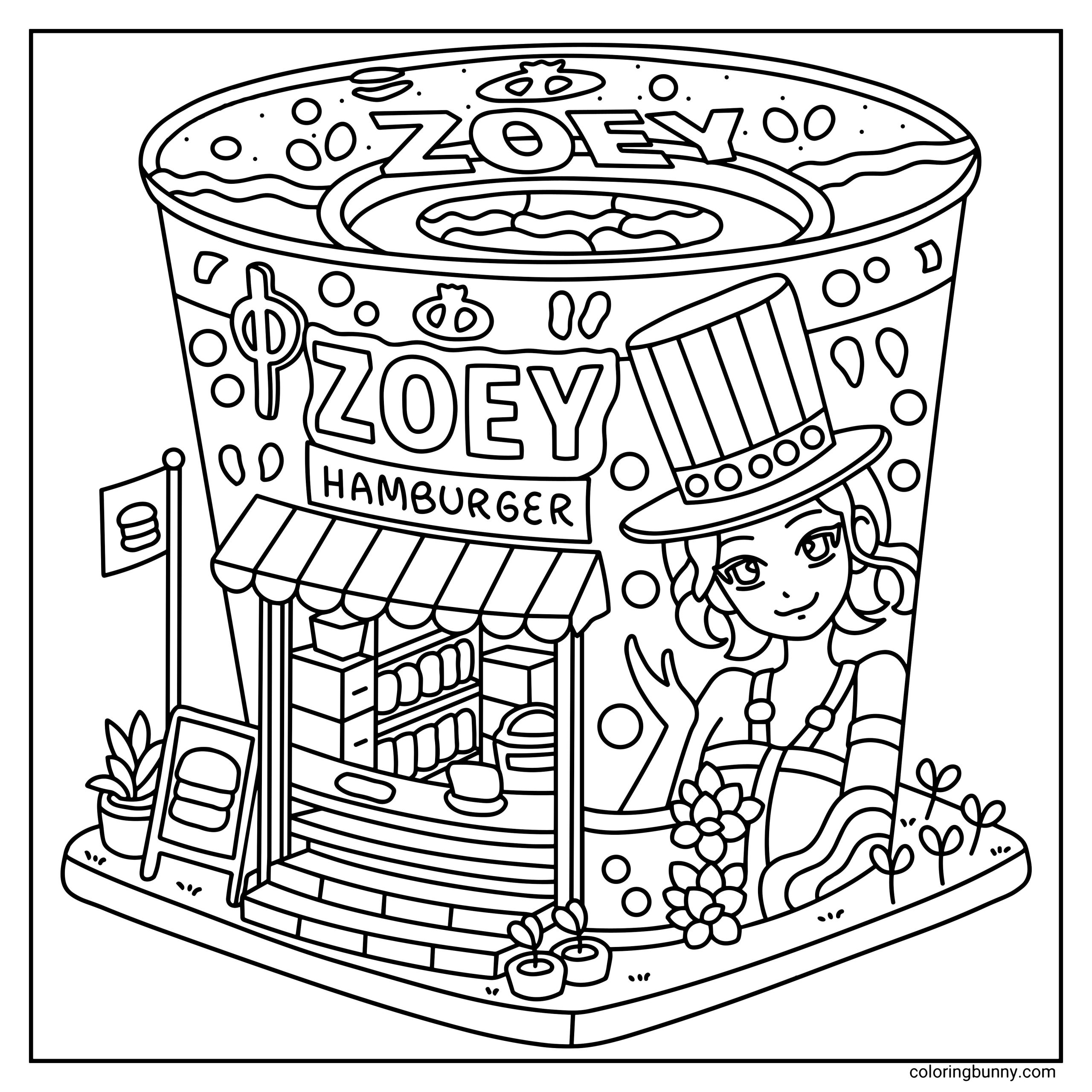 A hand-drawn cozy corner KPop Demon Hunters coloring page featuring Zoey’s ramyeon hamburger shop, with a picture of Zoey waving on a playful storefront filled with food details, patterns, and charming decorative elements.