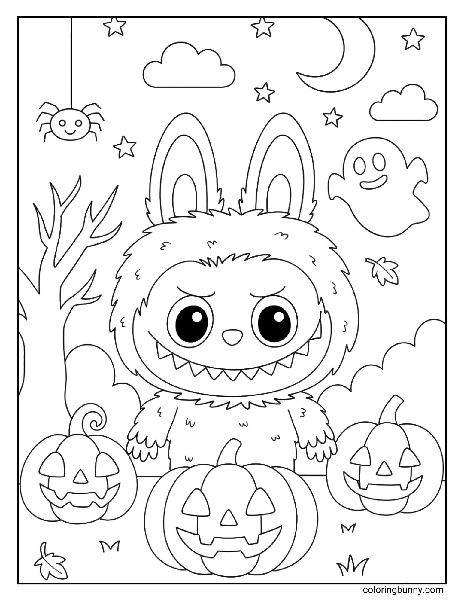 A fun Halloween coloring page of the monster character Labubu standing in a pumpkin patch. He has a grumpy expression and is surrounded by three jack-o'-lanterns, a friendly ghost, a spooky tree, and a cute spider hanging from its web.