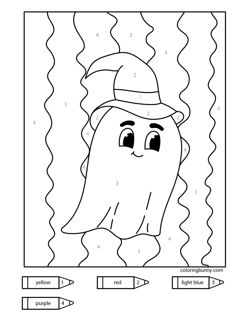 Color-by-numbers page featuring a cute friendly ghost wearing a witch’s hat, floating against a background of vertical wavy patterns.