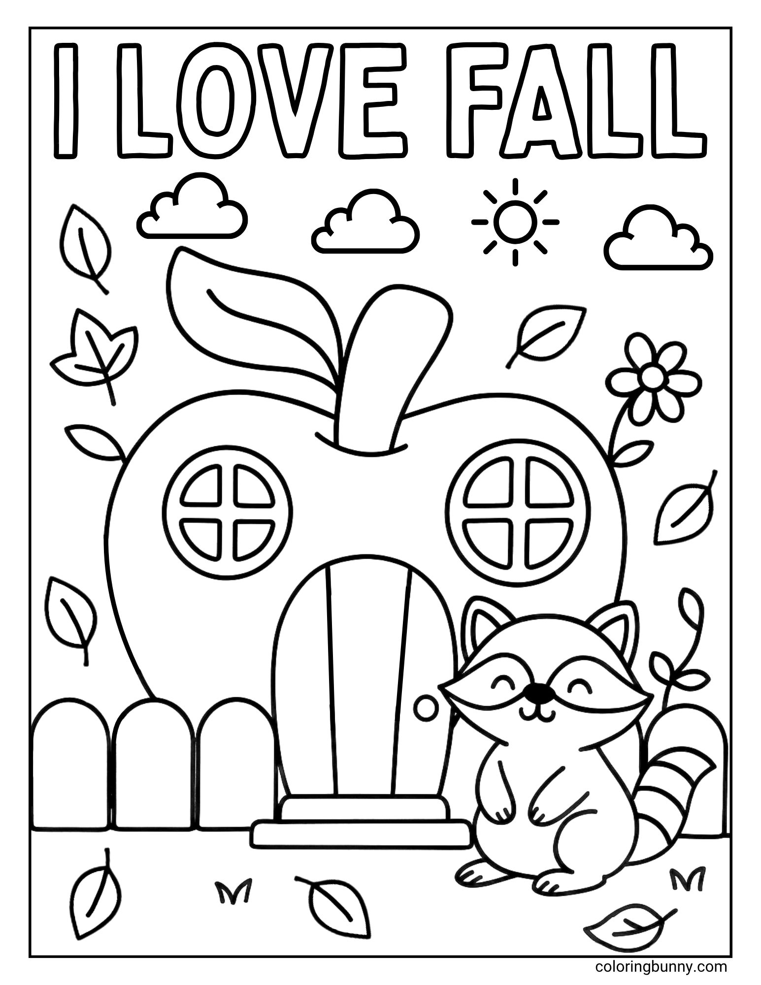 A cheerful fall coloring page of a scene with the words 'I Love Fall' at the top. Below the text, a happy raccoon sits outside its home, which is a magical house shaped like a giant apple. The house has a fence, a mailbox, and is surrounded by flowers and leaves.